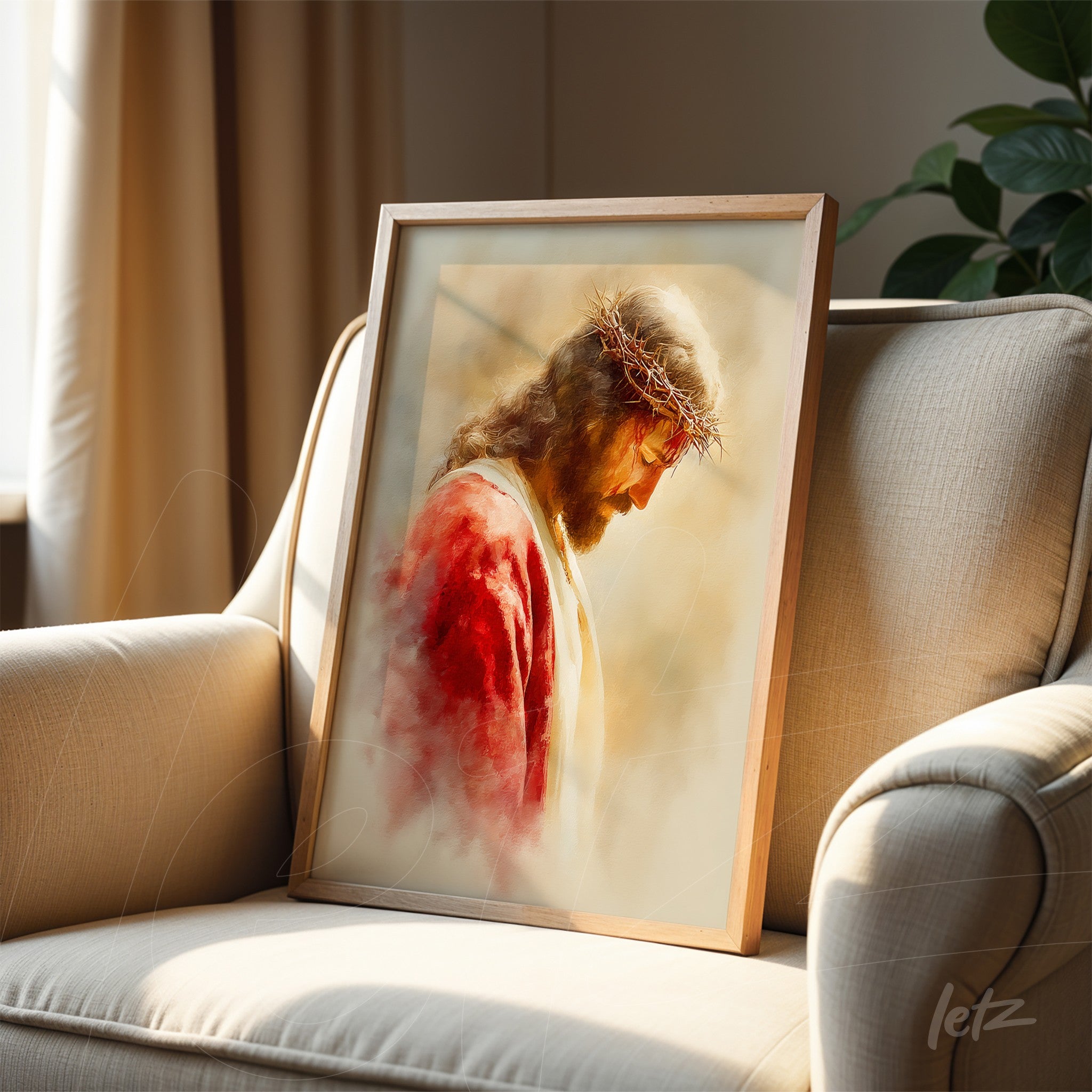 framed artwork of jesus christ wearing a crown of thorns with a light wood frame