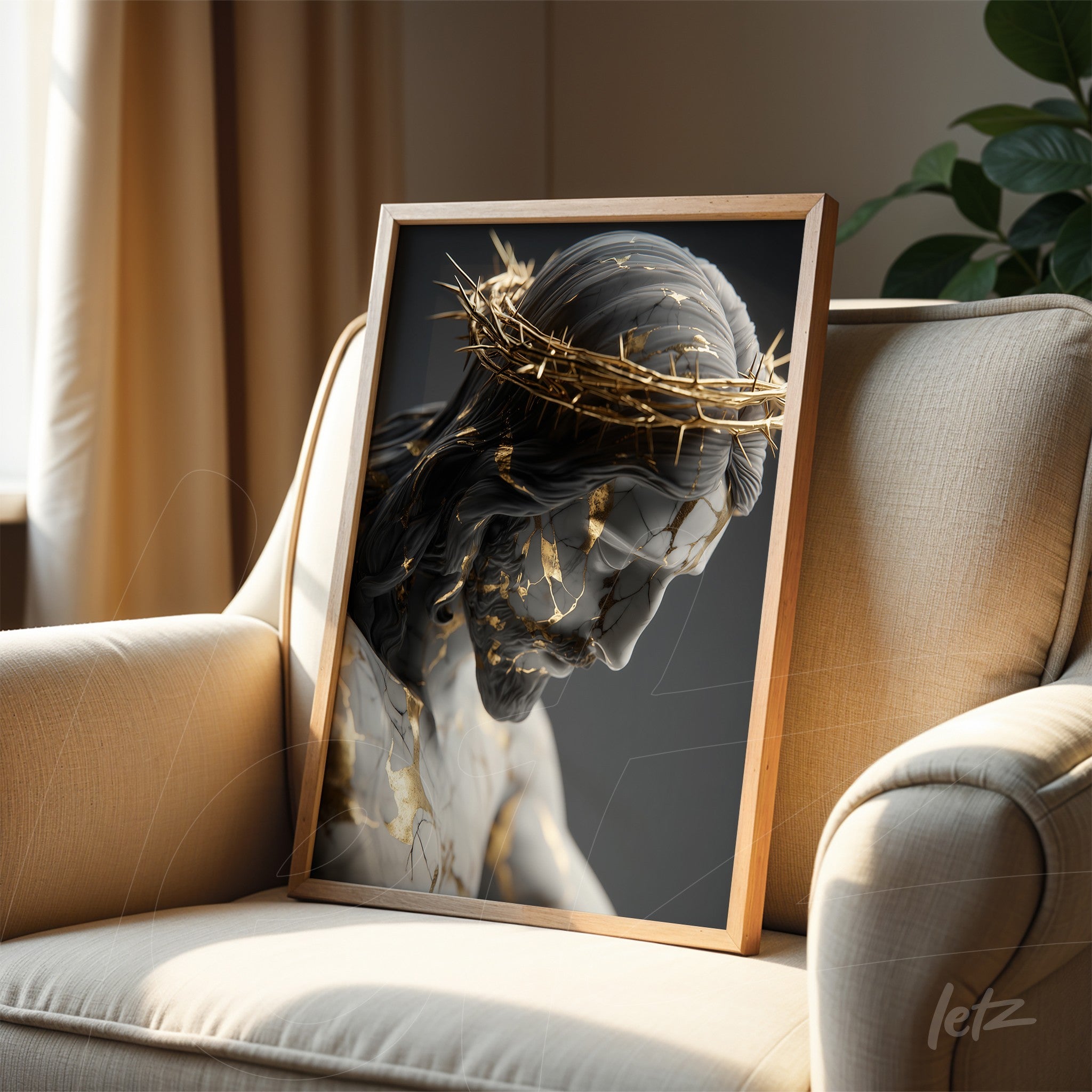framed artwork of a religious figure with a crown of thorns and golden details on a dark background
