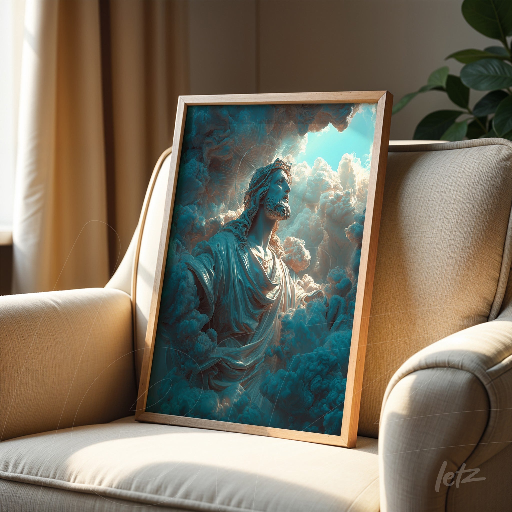 framed digital artwork of Jesus surrounded by light clouds with a light wood frame