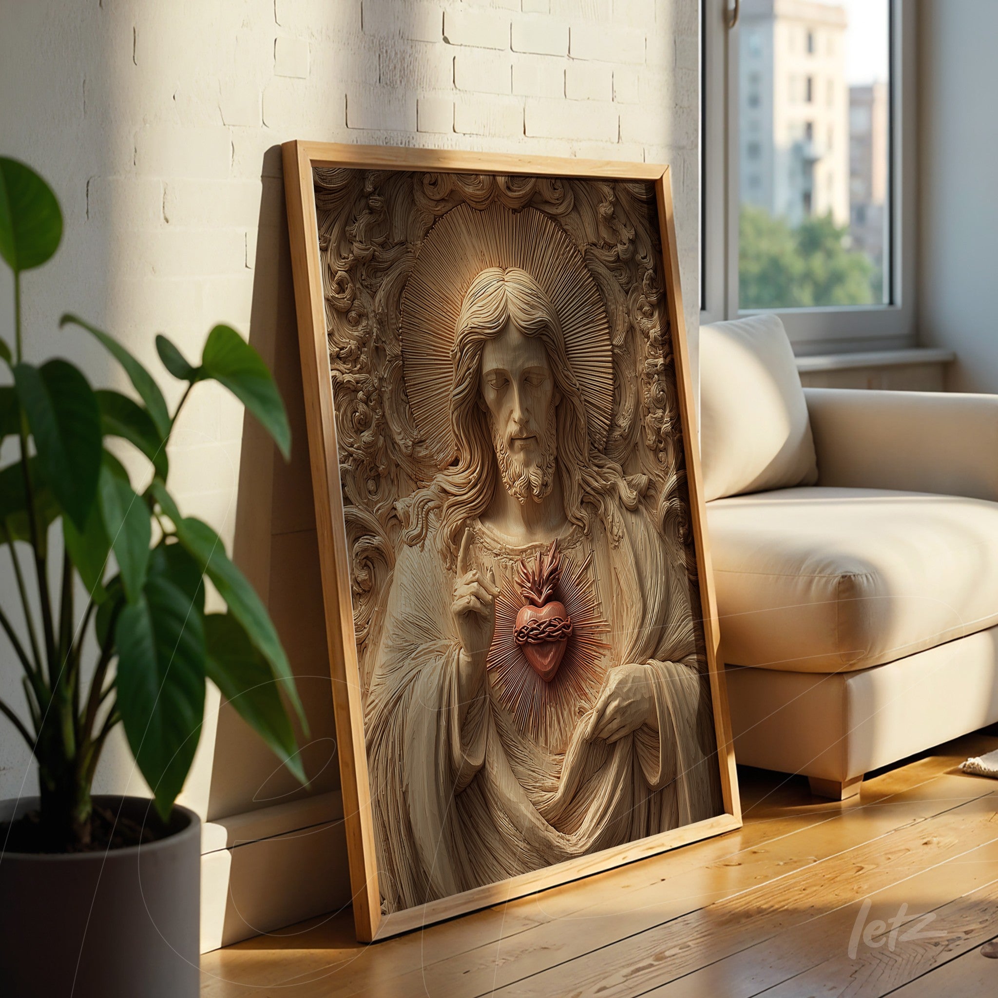 three-dimensional art piece of Jesus holding a sacred heart in a light wood frame displayed in a naturally lit interior