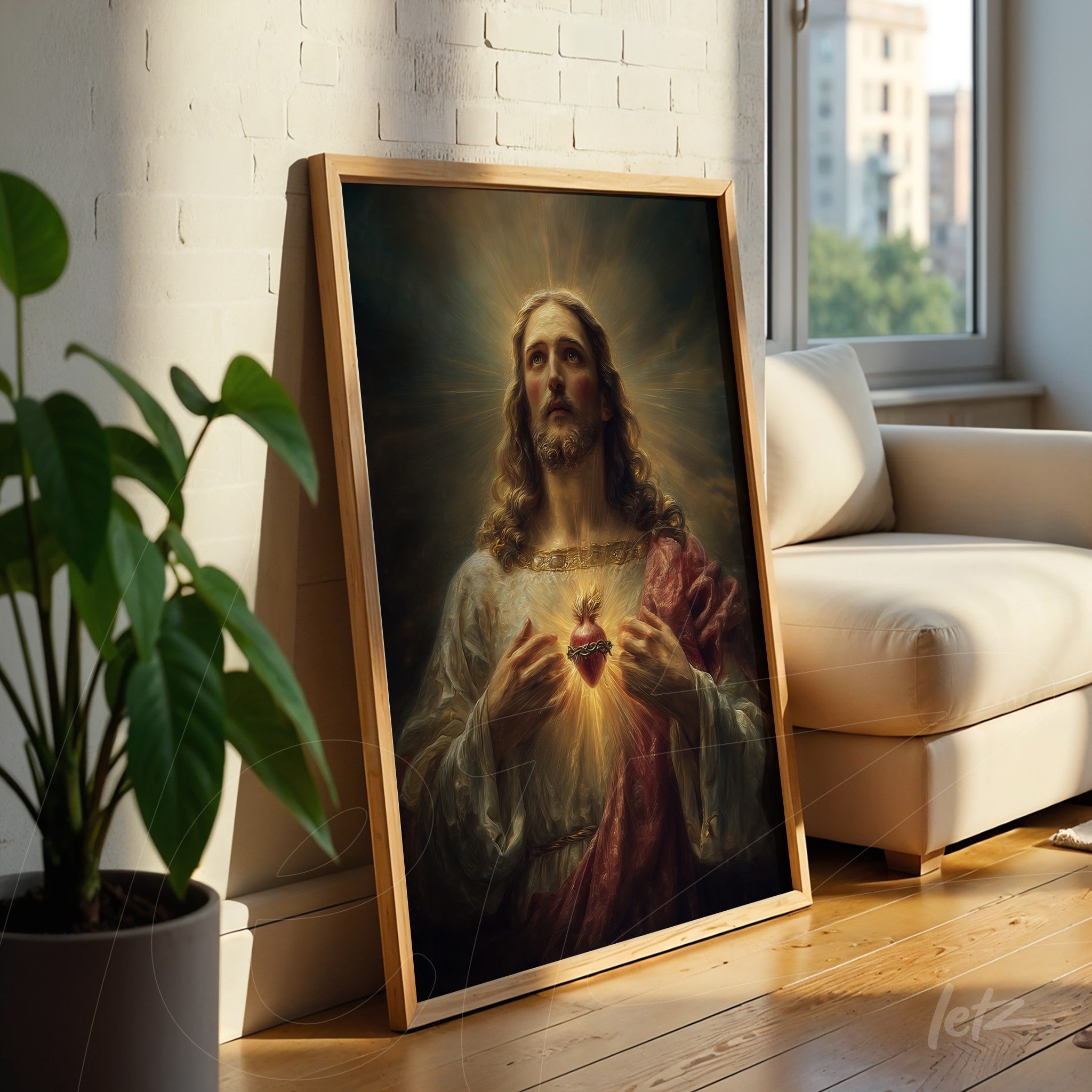 framed artwork of serene jesus christ with radiant heart, propped against a light wall with a light wood frame