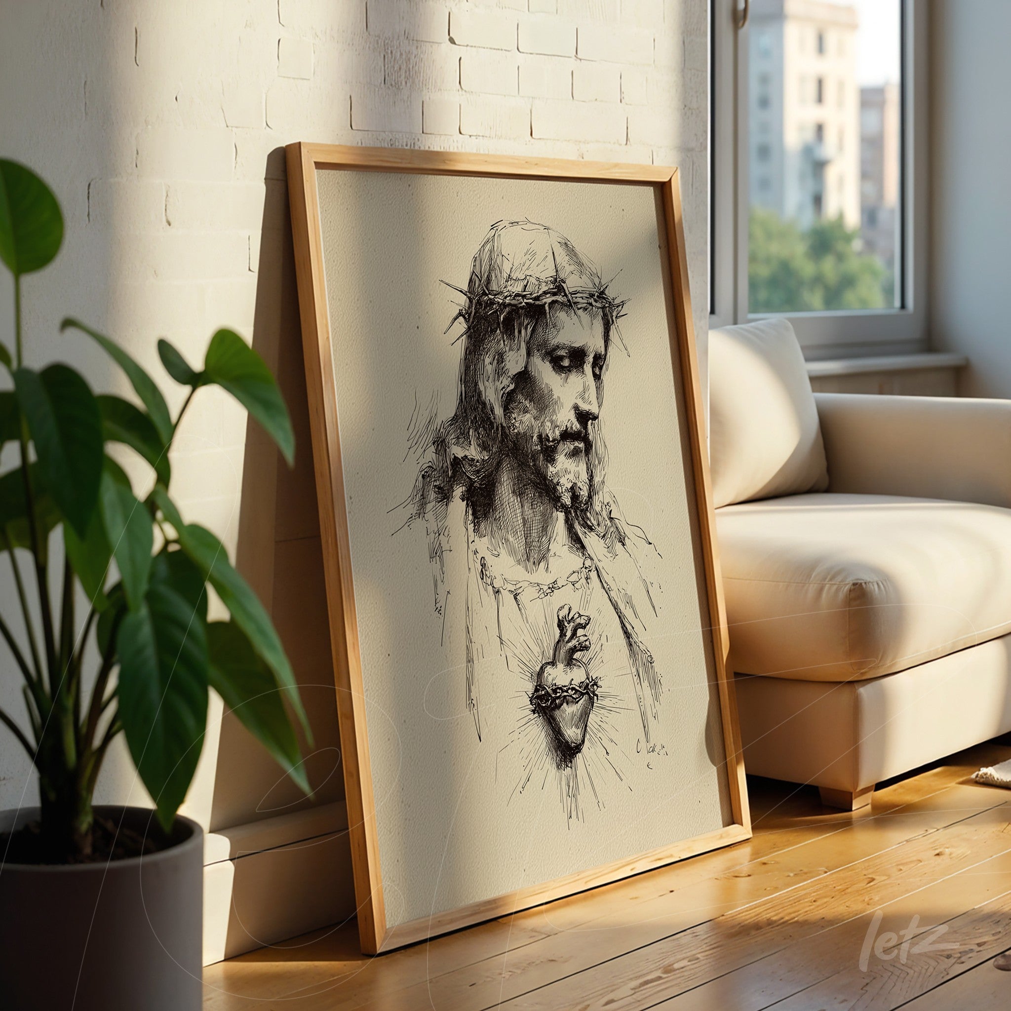 canvas print featuring a black and white illustration of Jesus Christ with a light wood frame leaning against a wooden floor beside a plant