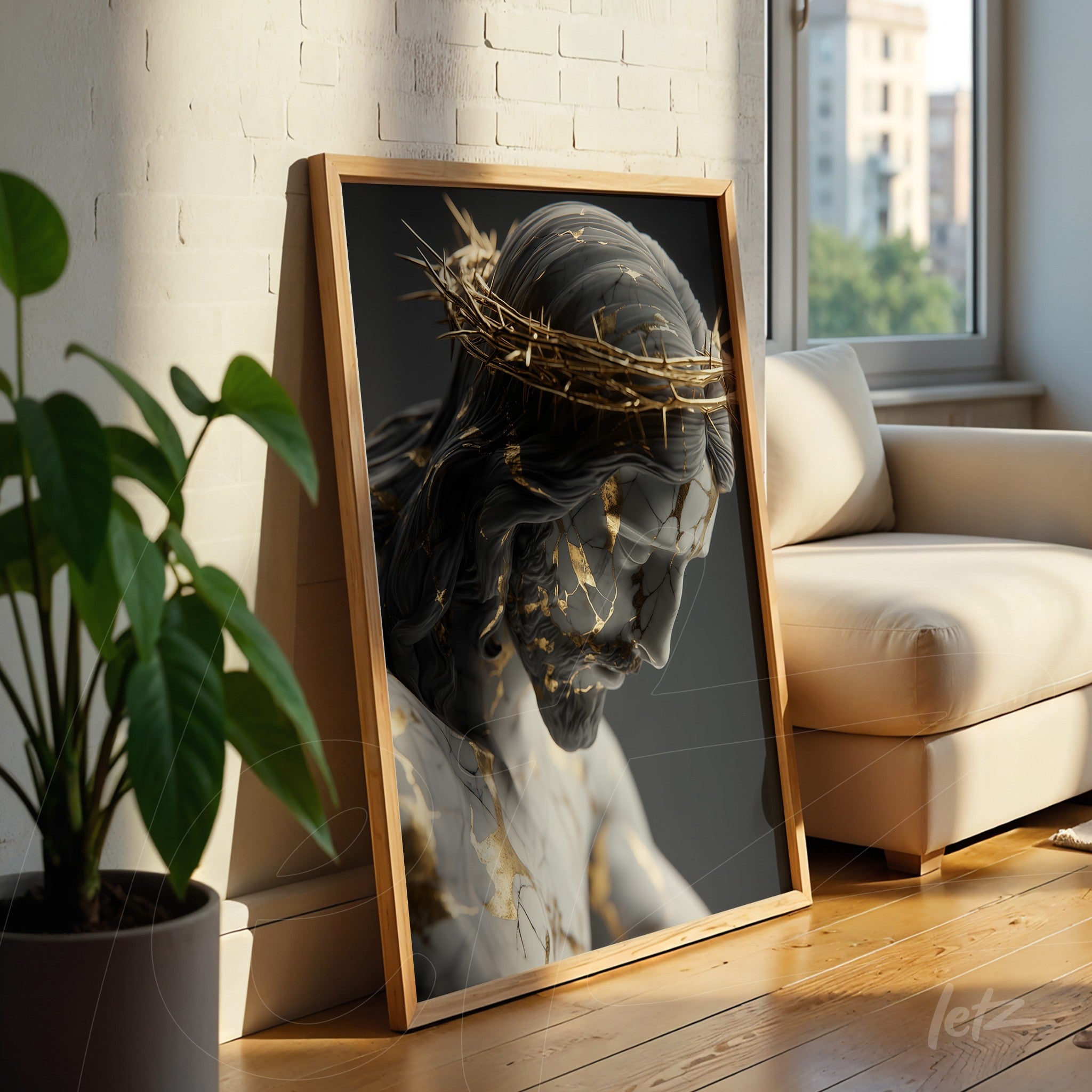 framed artwork of a sculpture of Christ with a light wood frame, neutral background, and soft light arrangement