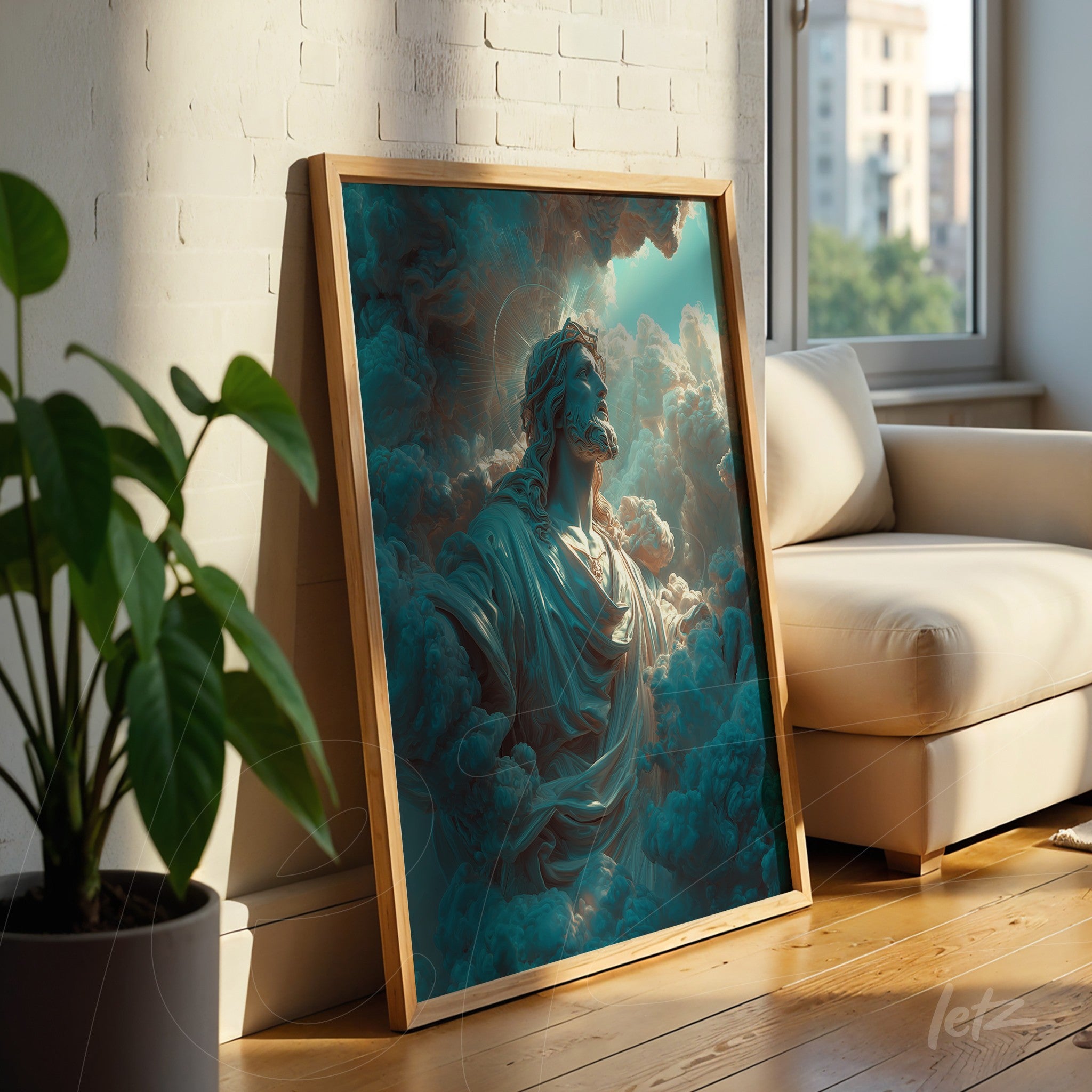 framed artwork of a religious figure among clouds with blue background leaning against a light sofa