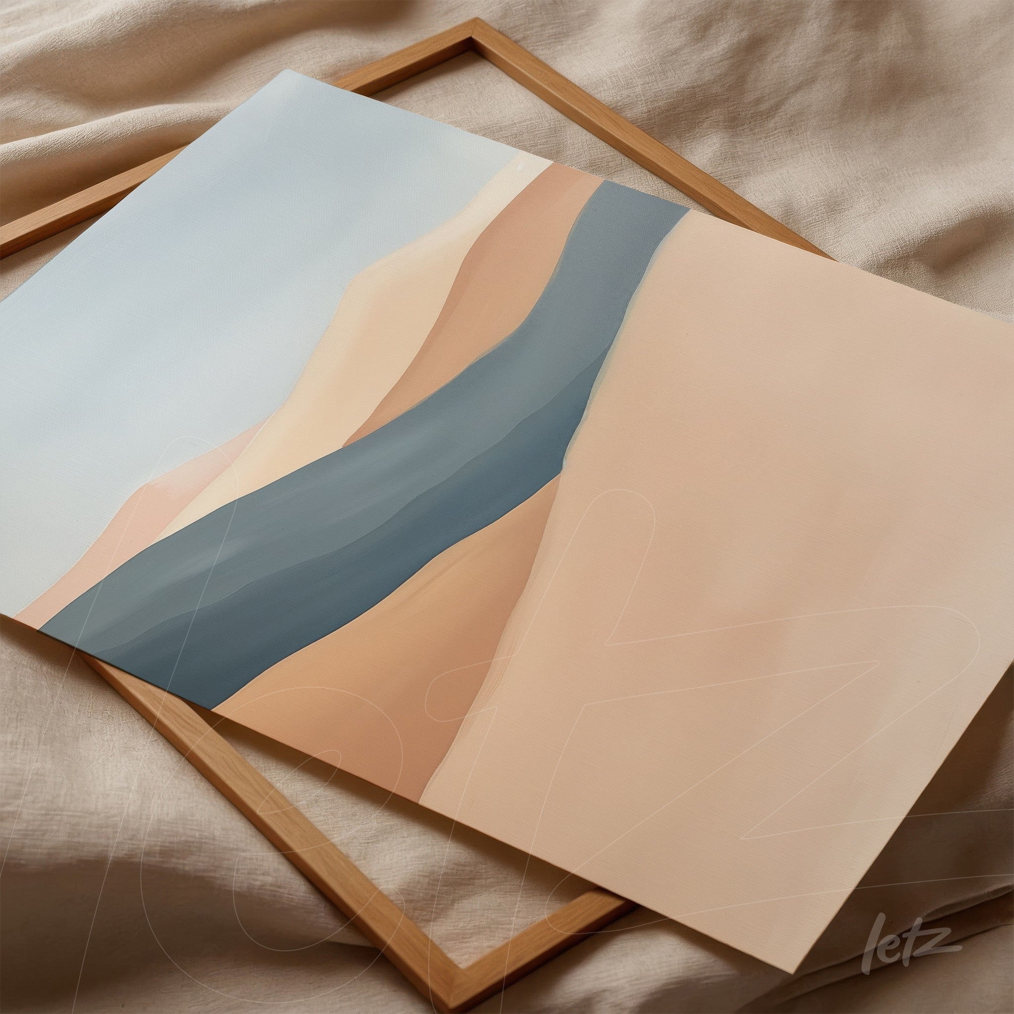 abstract artwork in neutral tones and blue, displayed in a light wooden frame