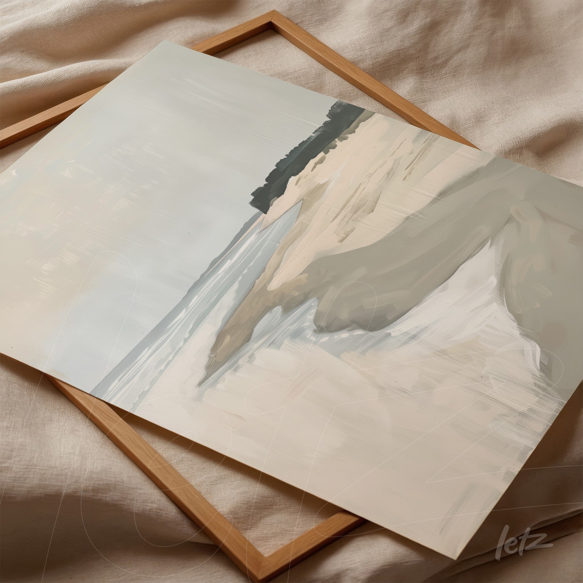 framed artwork featuring a minimalist beach landscape in neutral tones