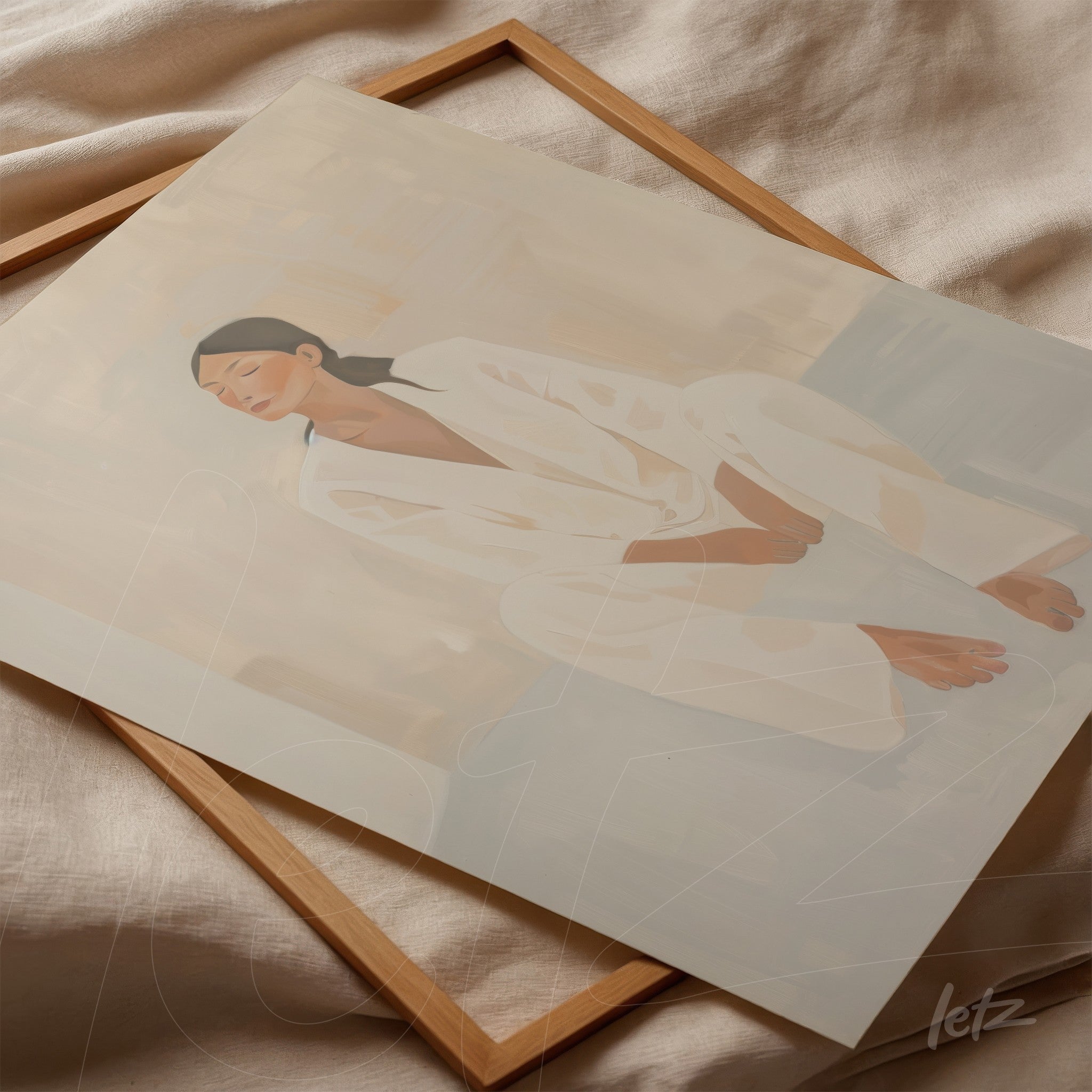 framed artwork featuring a minimalist depiction of a seated woman in light clothing