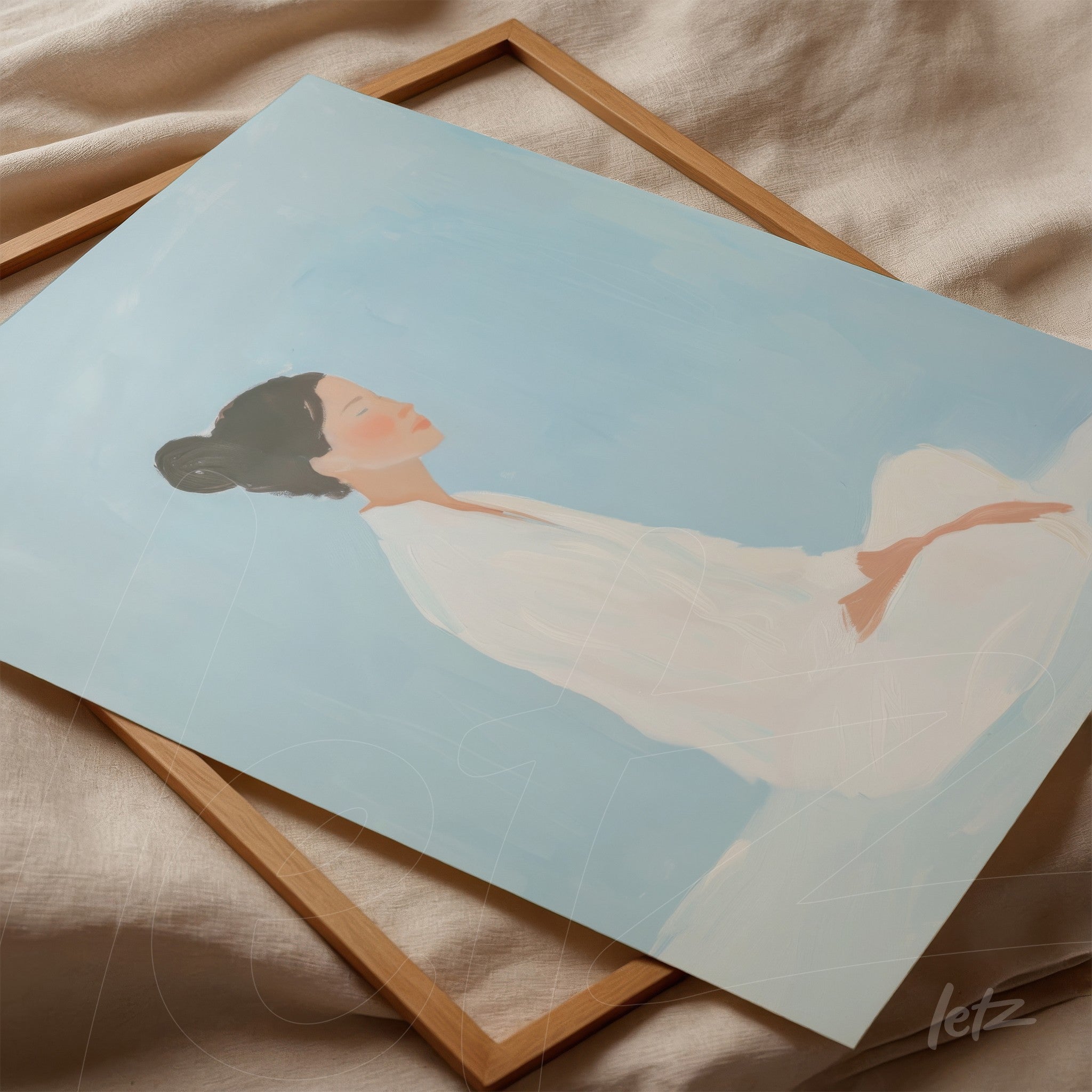 framed artwork depicting a woman in deep reflection against a soft blue background with a light wooden frame