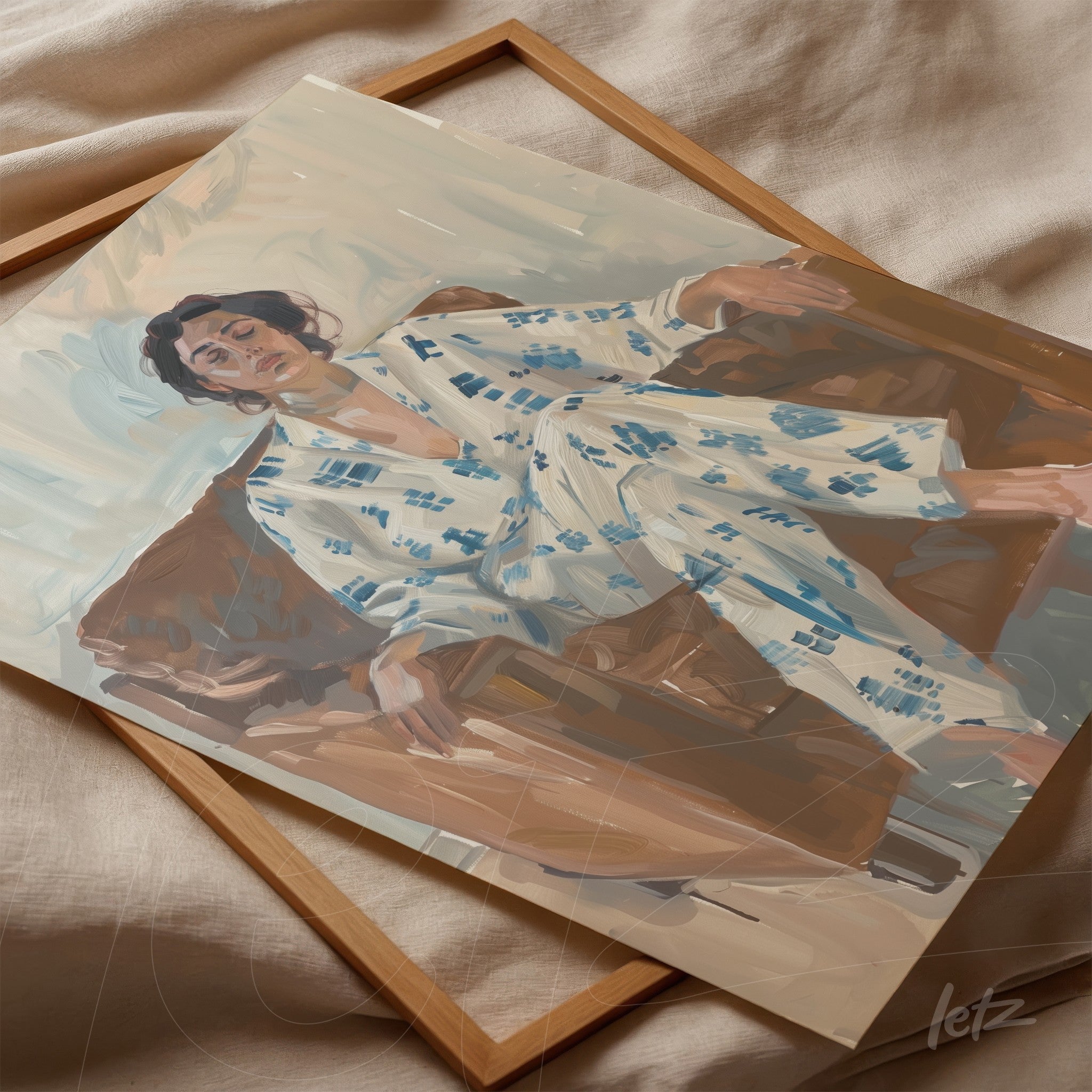 painting of a woman sitting on a couch wearing a light blue patterned pajama with a light wood frame on a neutral background
