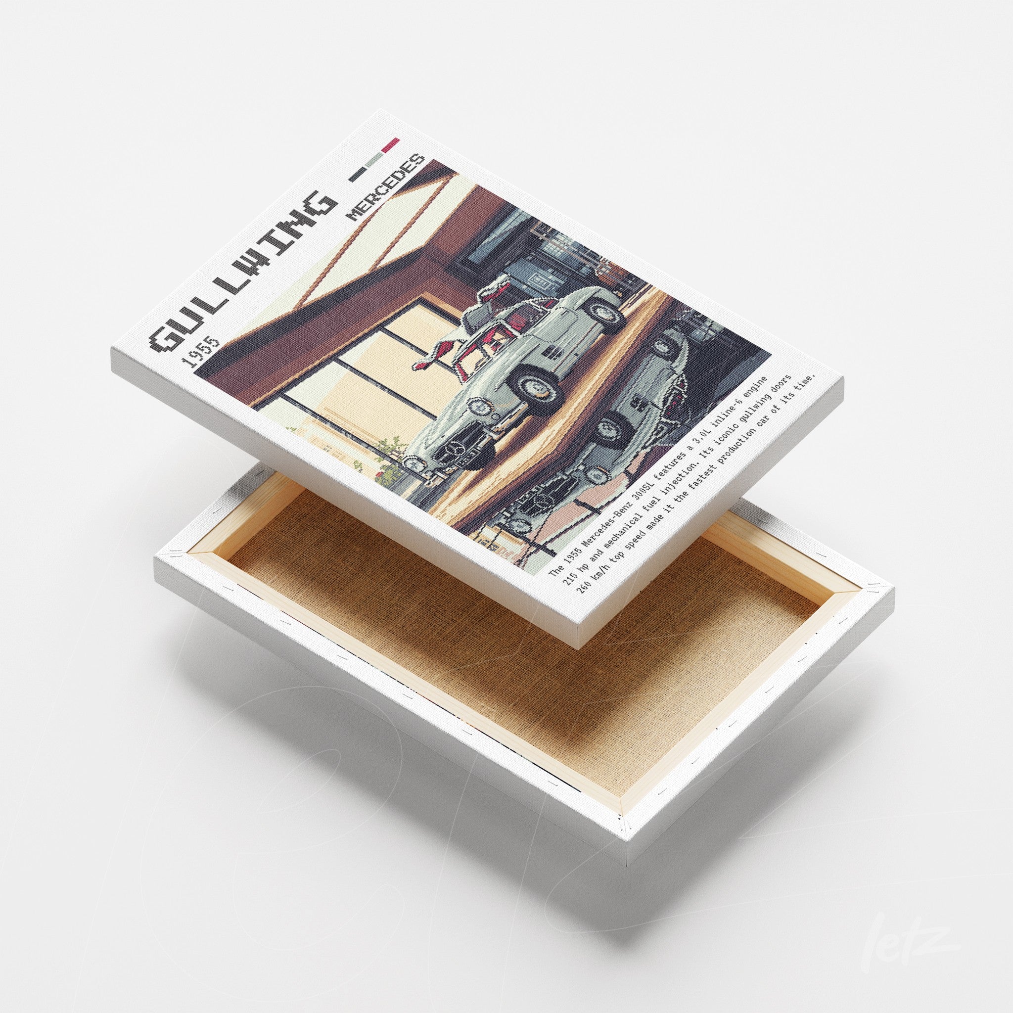 canvas print featuring retro-style illustration of Mercedes cars on a light background