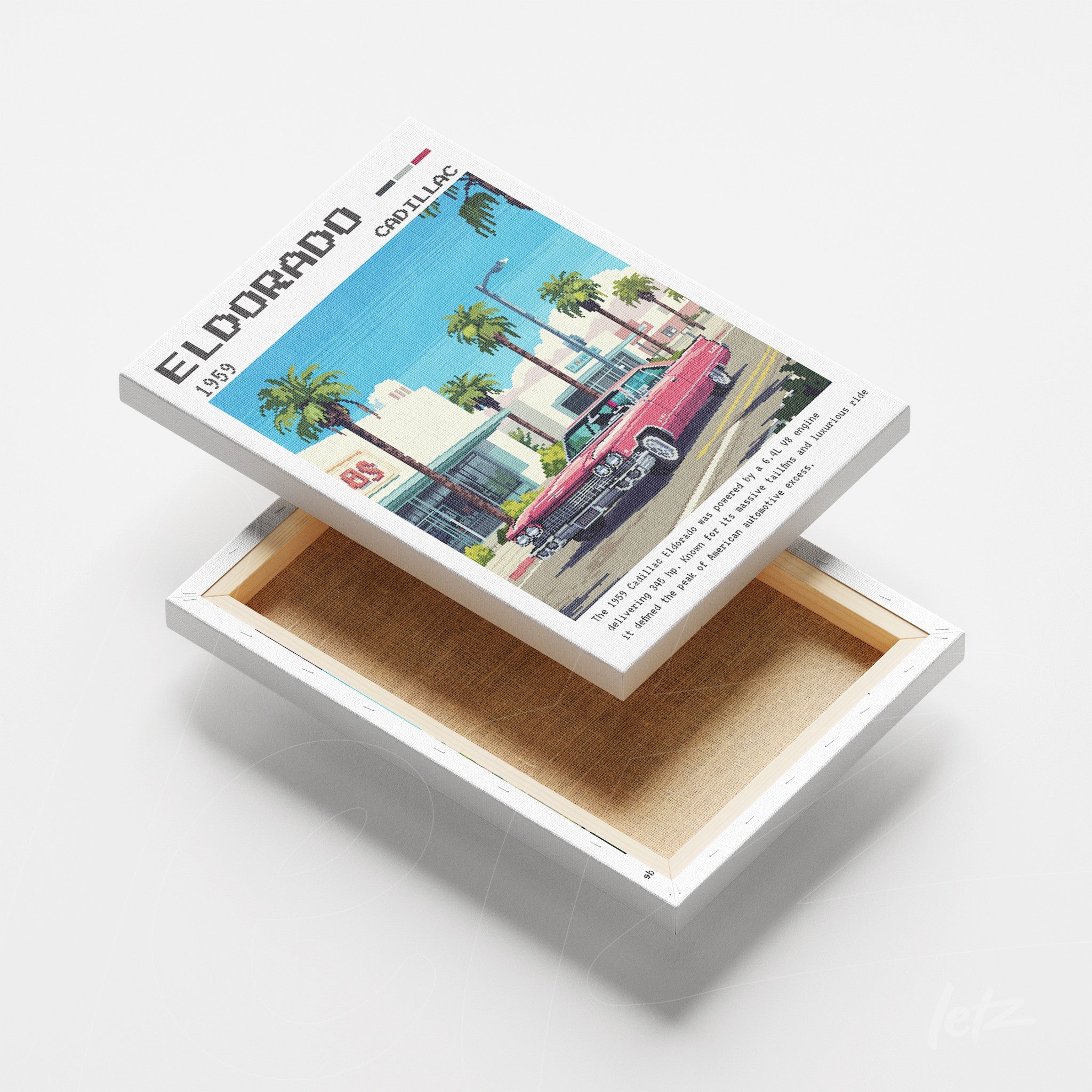 canvas print featuring vintage art of a red Cadillac in front of a building with palm trees and blue background