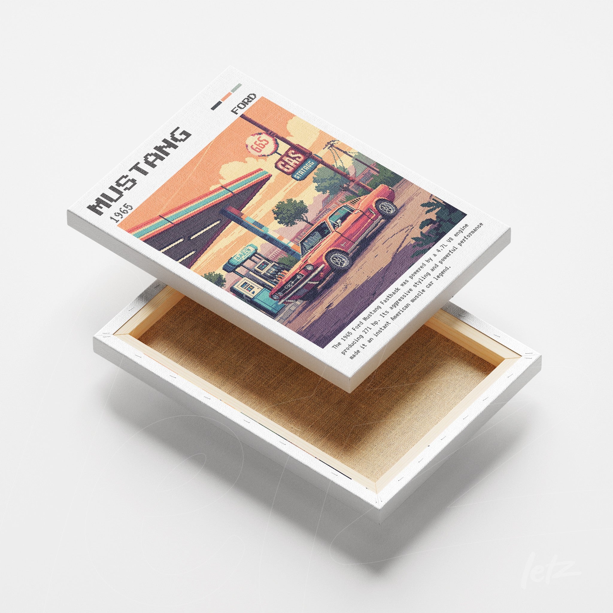 canvas print featuring retro art of a Mustang car in front of a gas station with a white frame