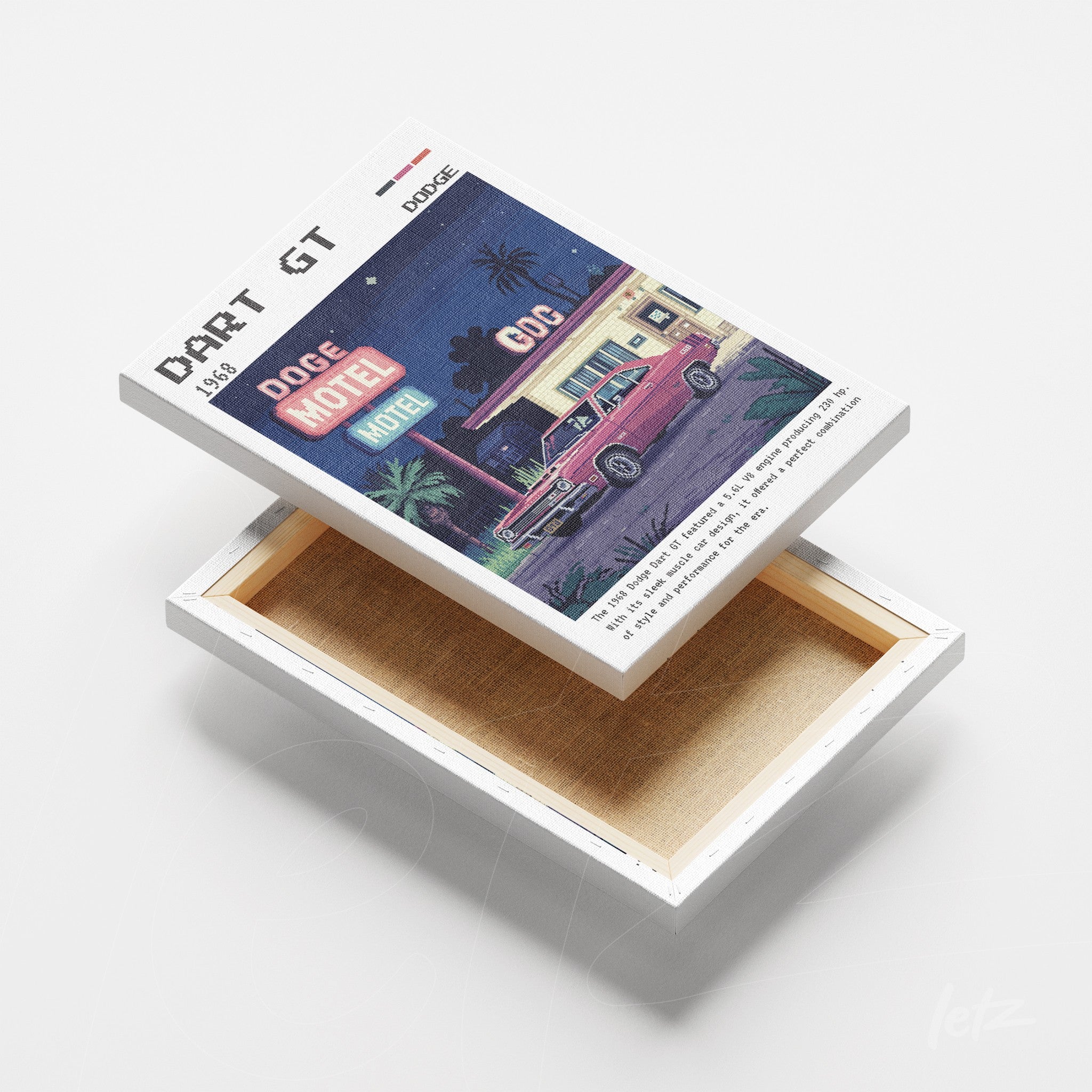 framed vintage style art of dodge motel with a retro car and palm trees on a light background