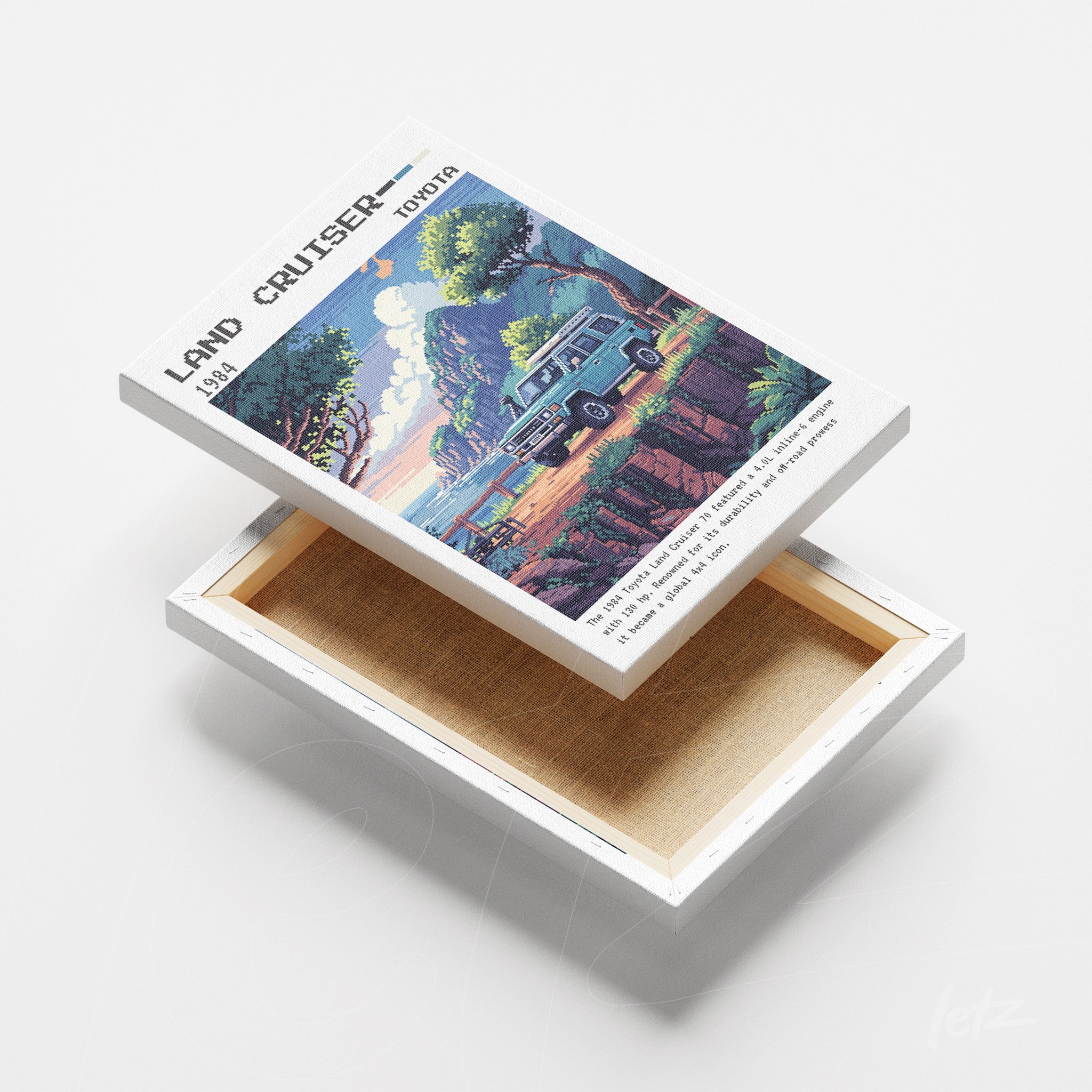 canvas print featuring retro illustration of a toyota land cruiser in a colorful mountainous landscape