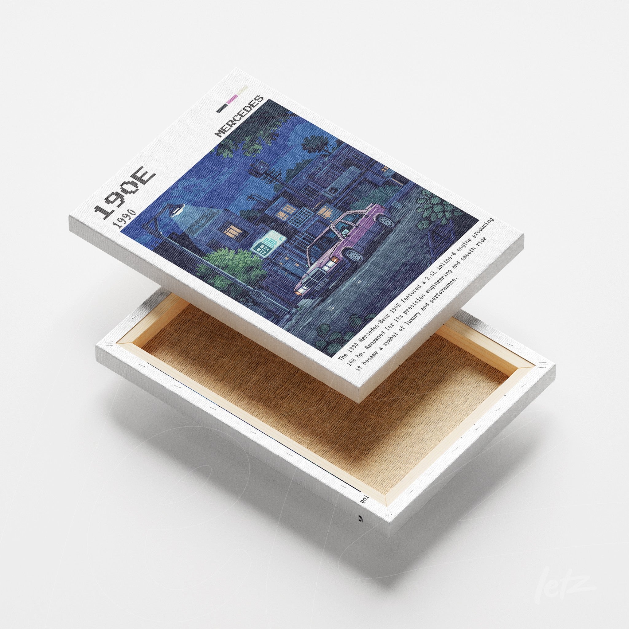 canvas print featuring retro artwork of a nighttime urban scene with a pink car on a street illuminated by streetlights