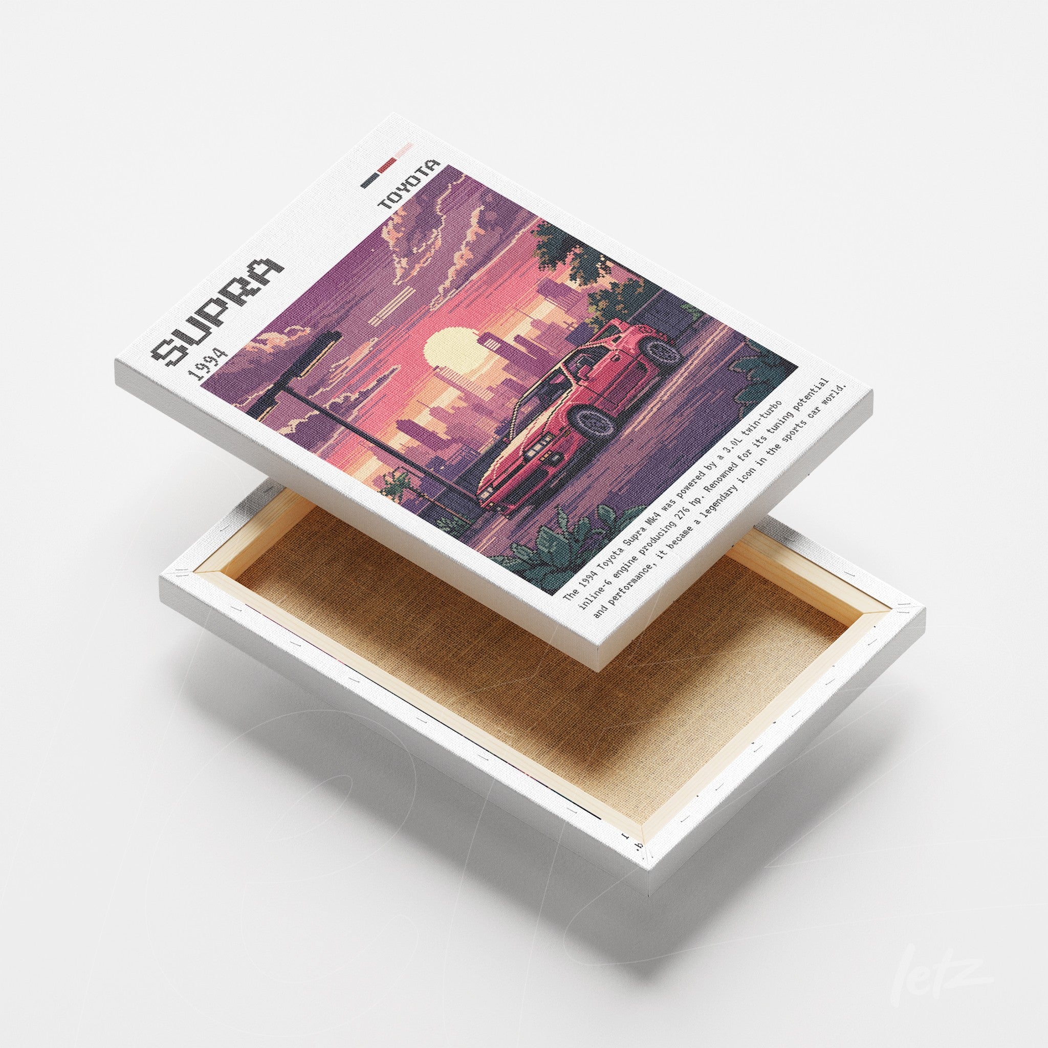 canvas print featuring retro-style digital art of a Supra car in packaging, with sunset background and city skyline