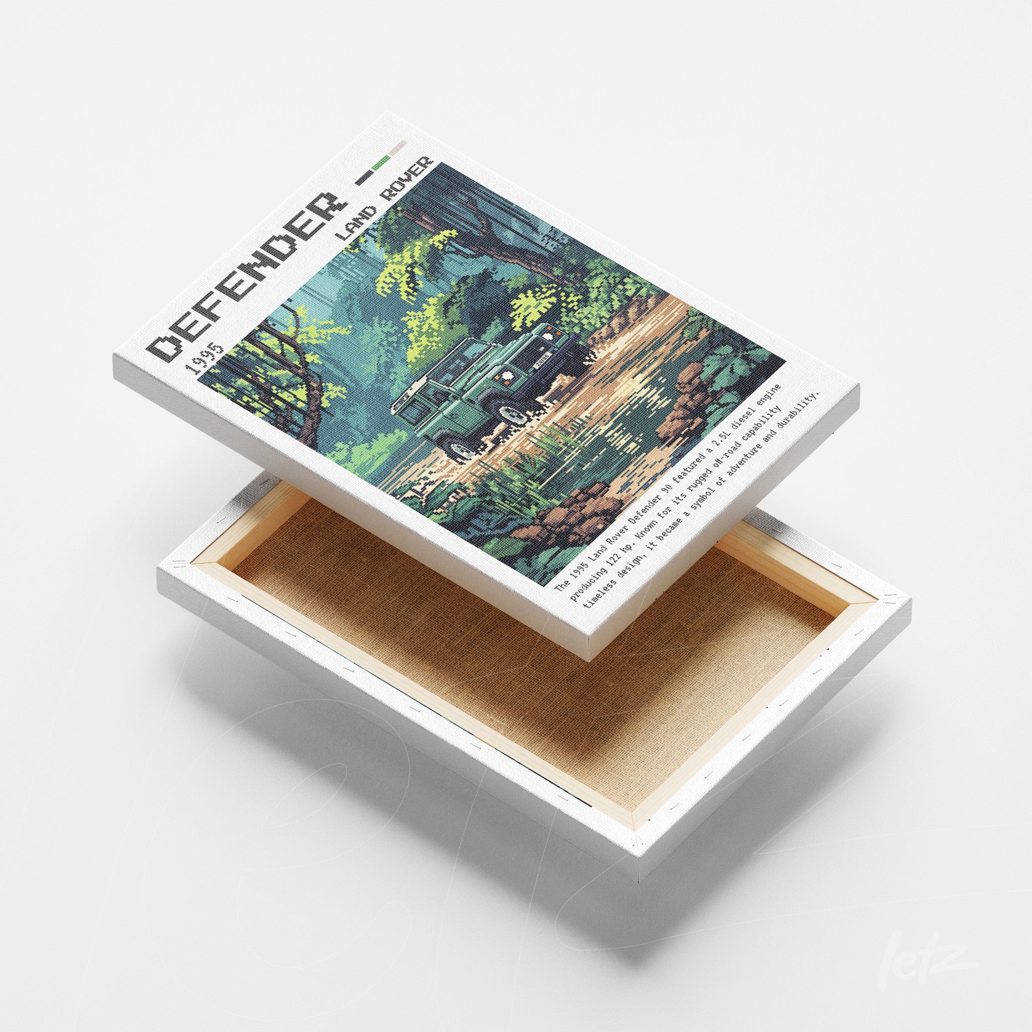canvas print featuring retro illustration of a Land Rover vehicle surrounded by lush forest scenery