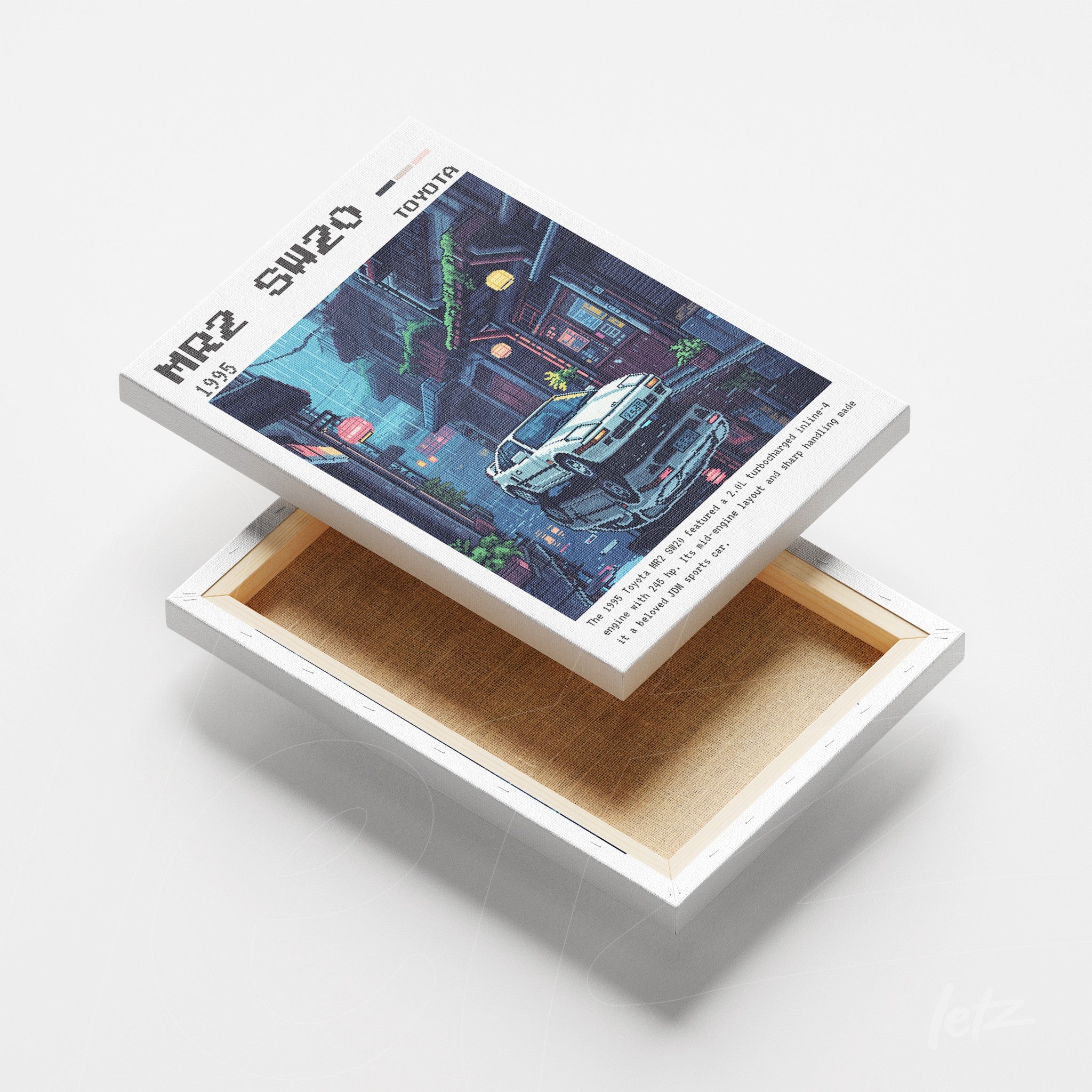 canvas wall art featuring a 1989 Toyota MR2 in a night urban scene with neon elements