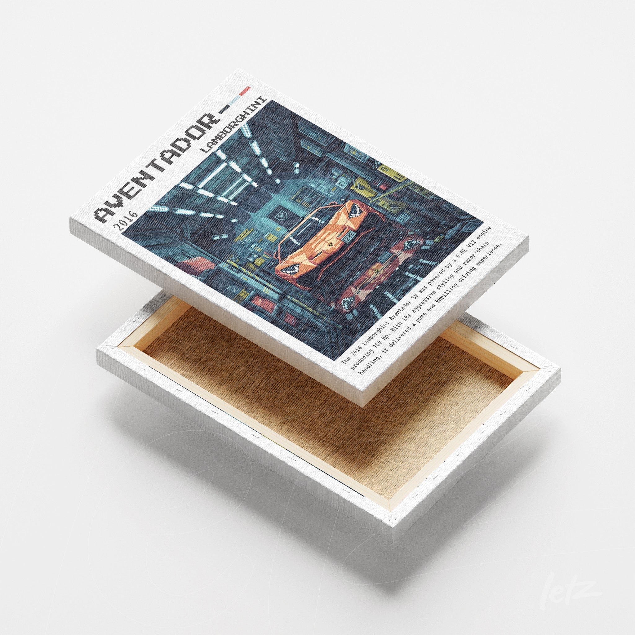 canvas print featuring digital art of a Lamborghini Aventador in an urban setting with white frame