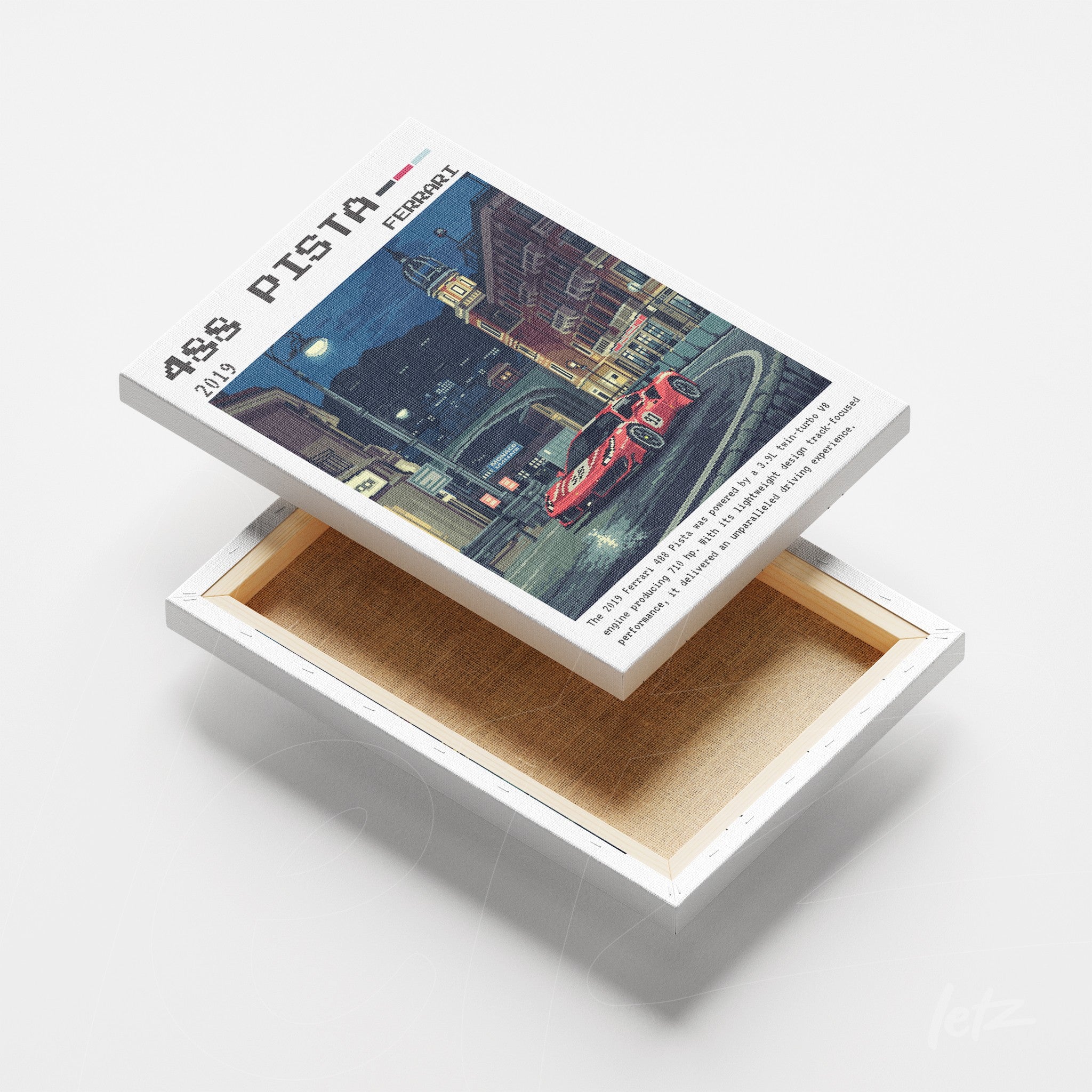 canvas print featuring a vintage illustration of a red sports car on a lit nighttime street with white frame