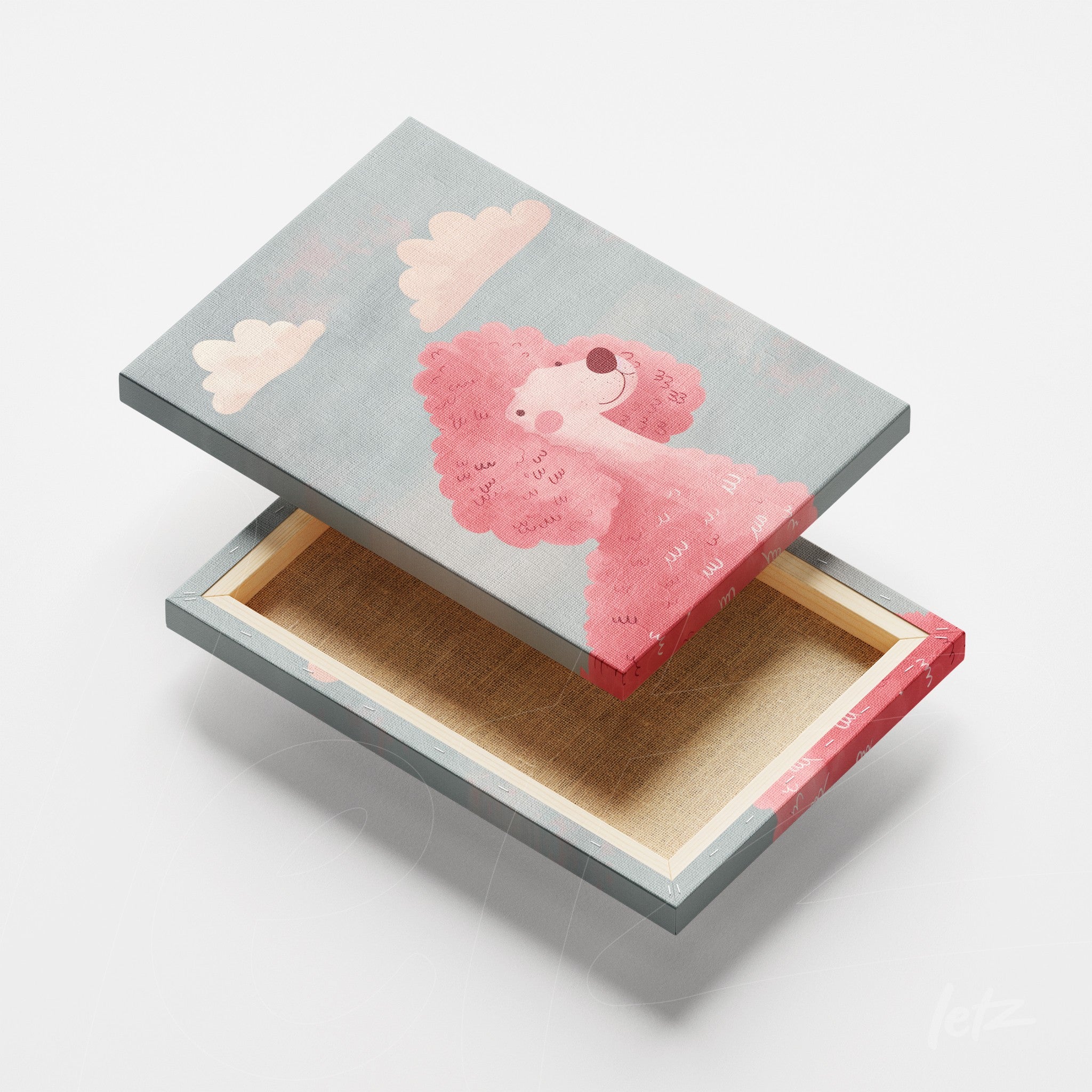 canvas print featuring a pink poodle illustration on a light blue background with white clouds