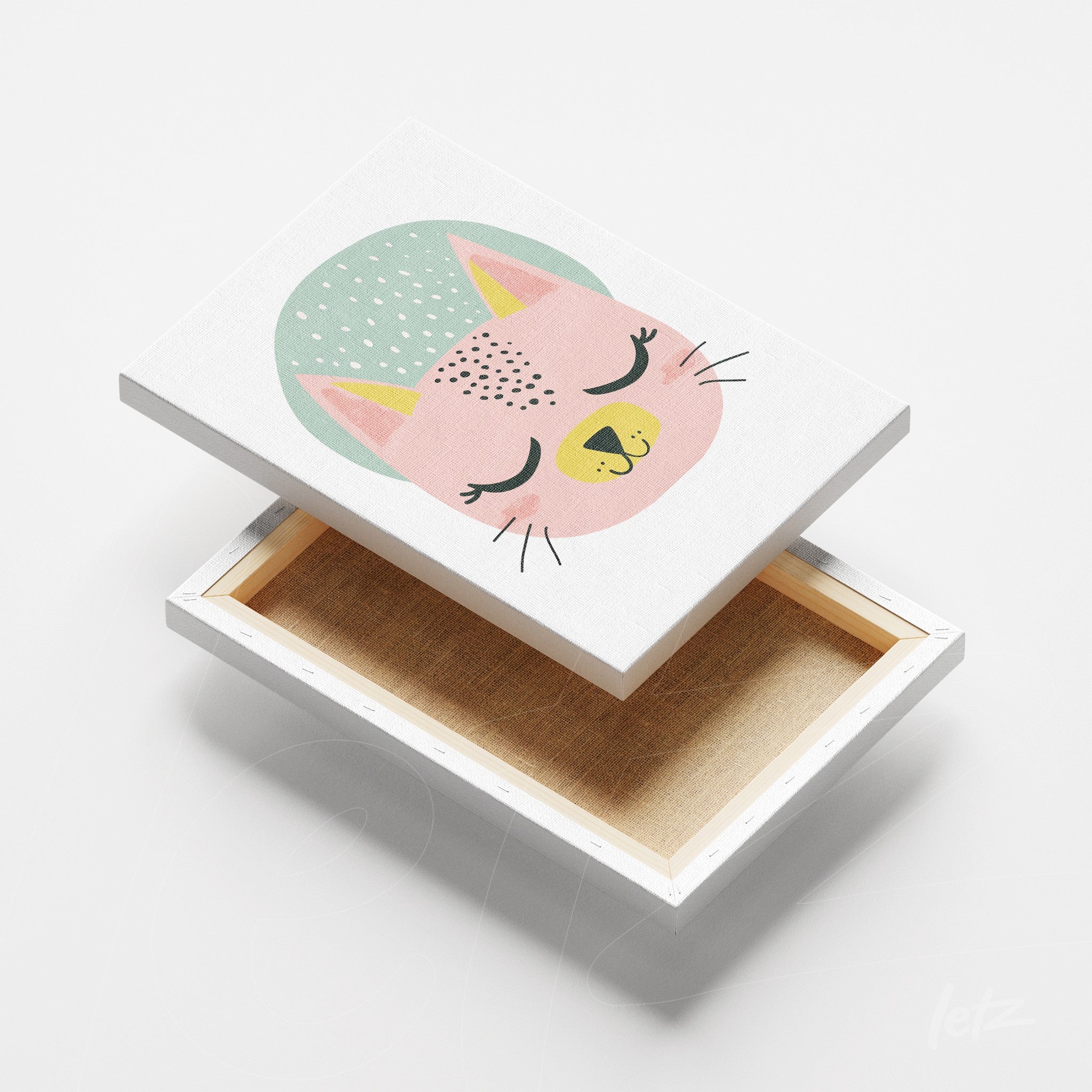 wall art featuring a pink cat with a blue hat in a white frame