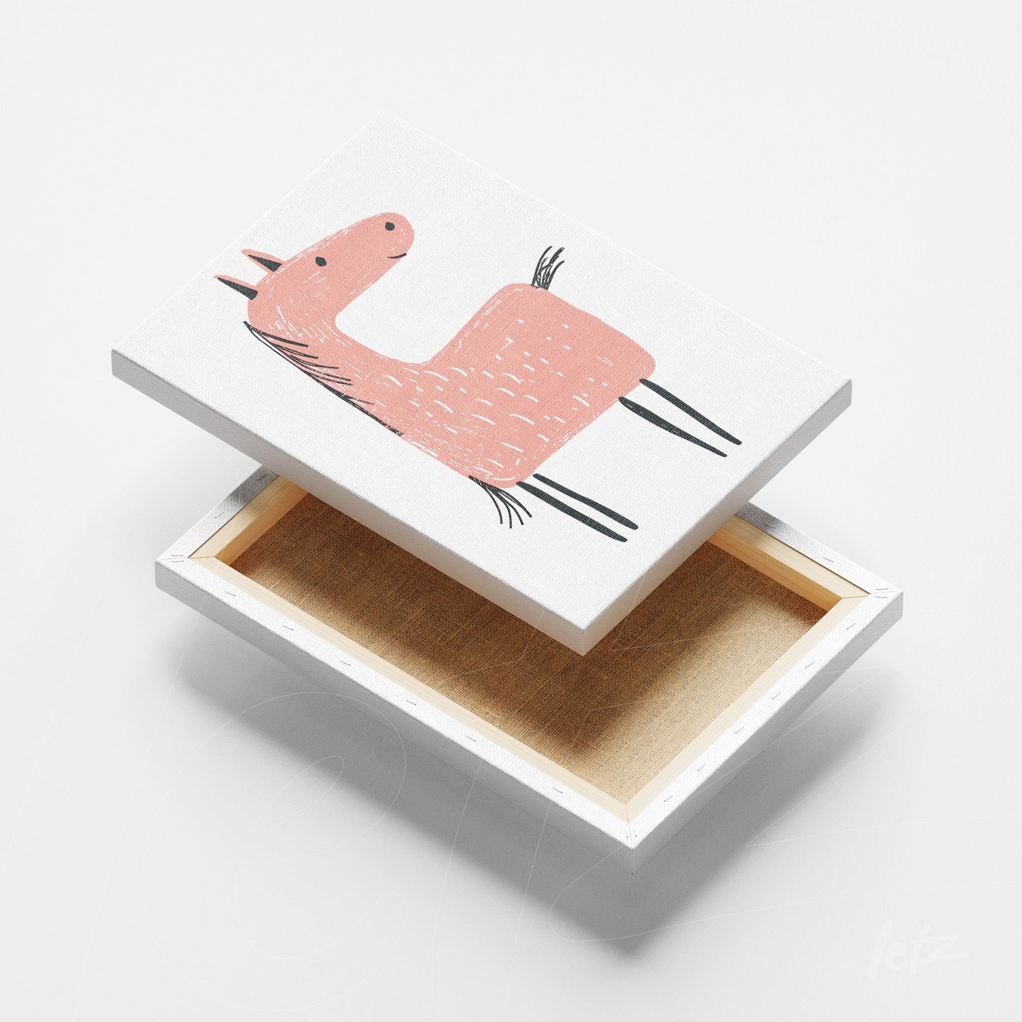 canvas print featuring a minimalist illustration of a pink horse on a white background