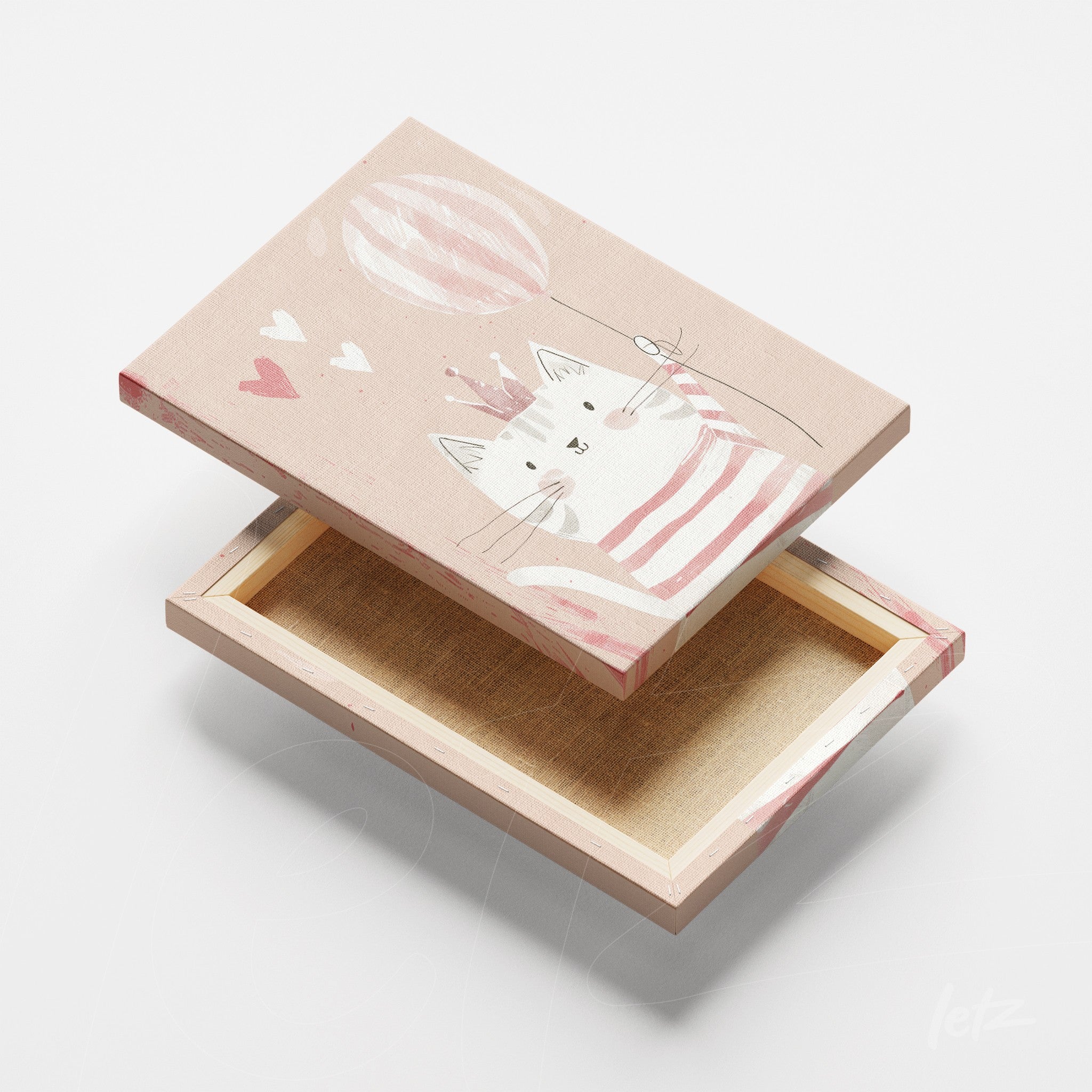 canvas artwork featuring a cute cat in a striped shirt holding a balloon with a soft pink background