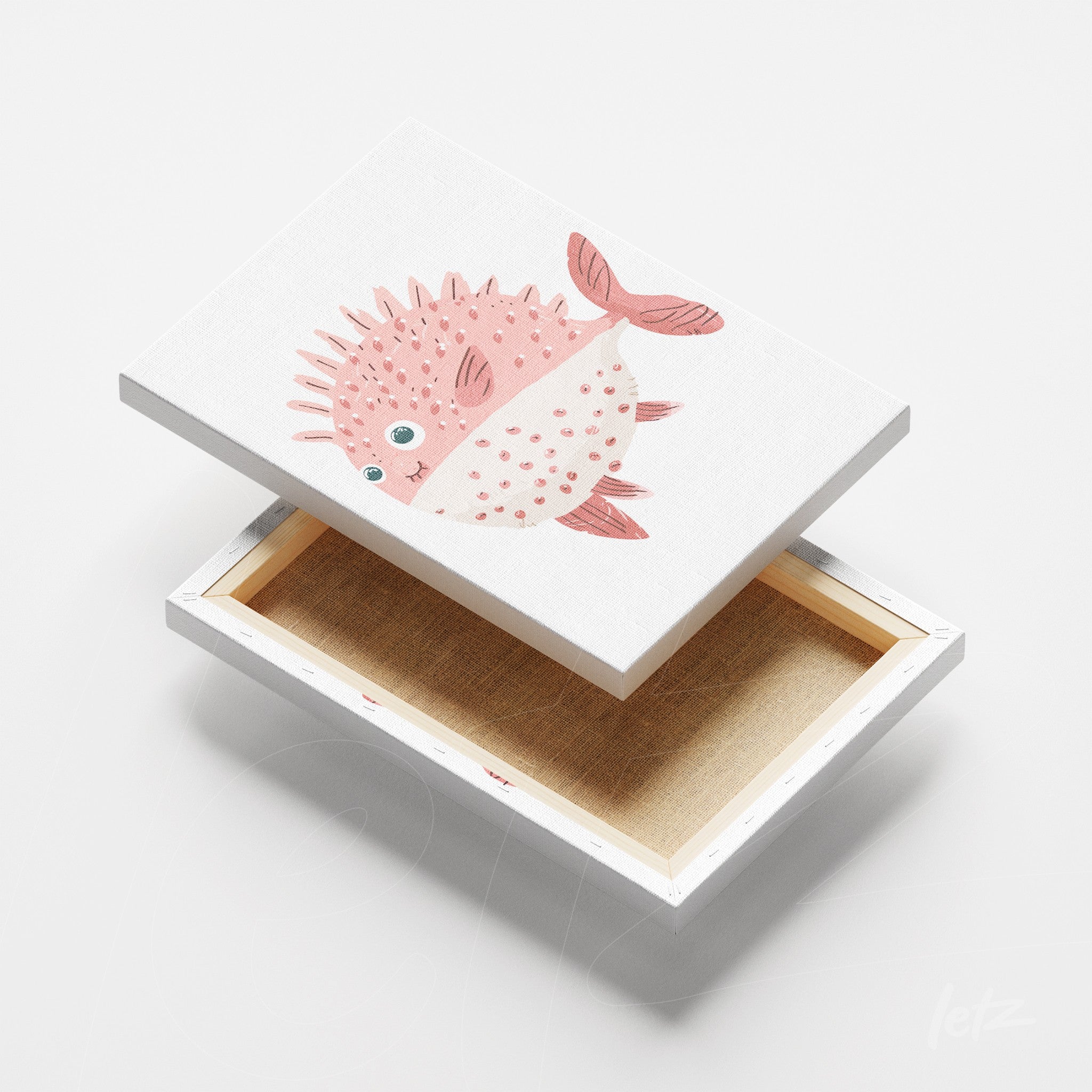 canvas print featuring a stylized pink fish illustration on a white background with a white frame