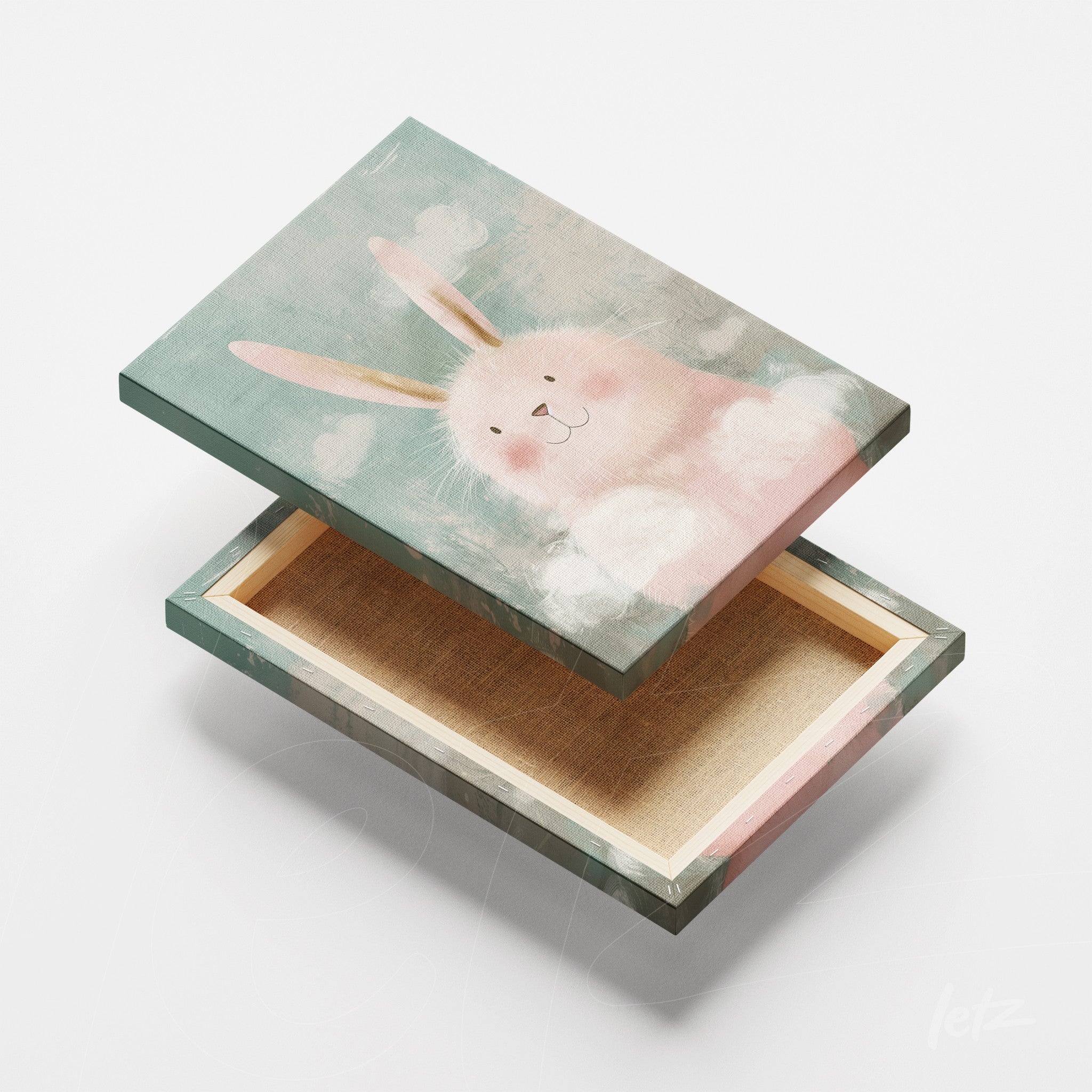 decorative box featuring cute bunny artwork in pastel tones on a soft background