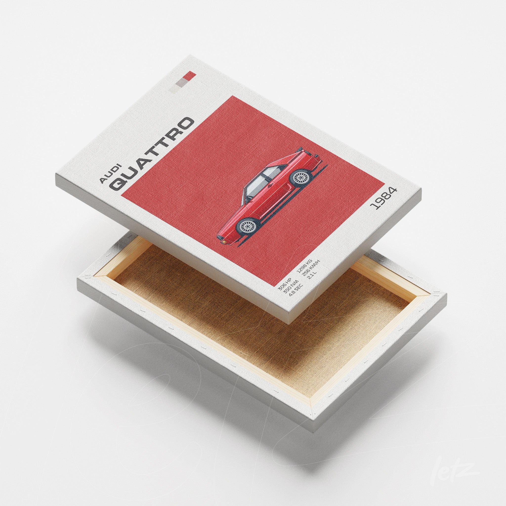 canvas print featuring vintage art of a 1984 Audi Quattro with a white frame and red background