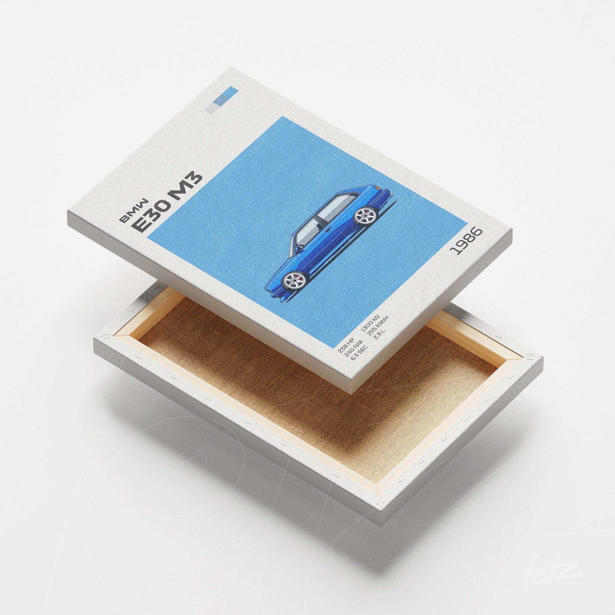 canvas print featuring a blue BMW E30 M3 illustration on a light background