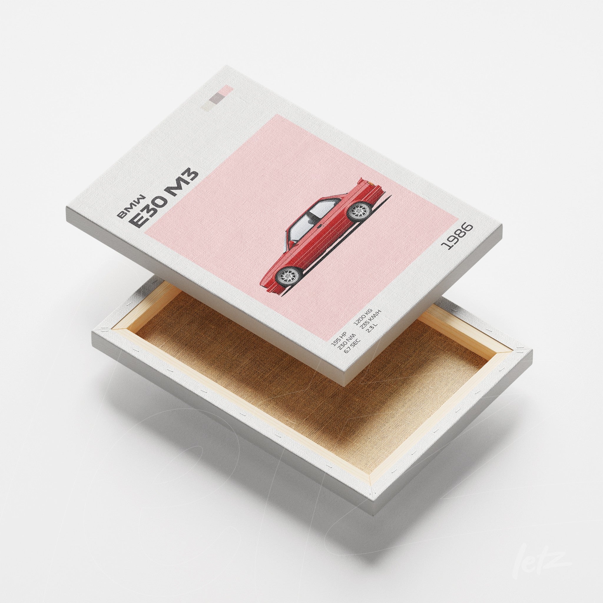 canvas art featuring a red BMW E30 M3 illustration against a pink background