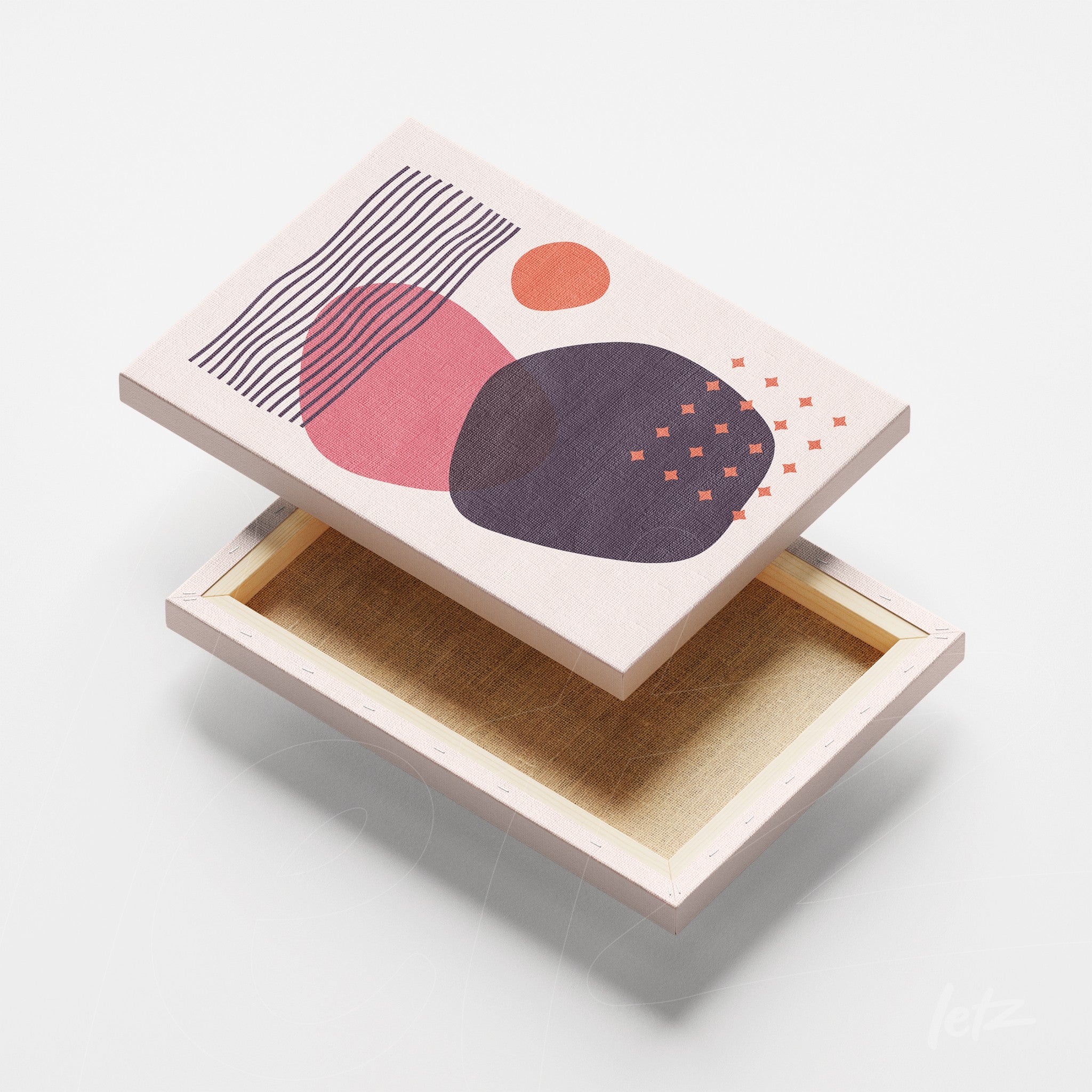 canvas artwork with abstract geometric shapes in pink, orange, and purple tones on a white background