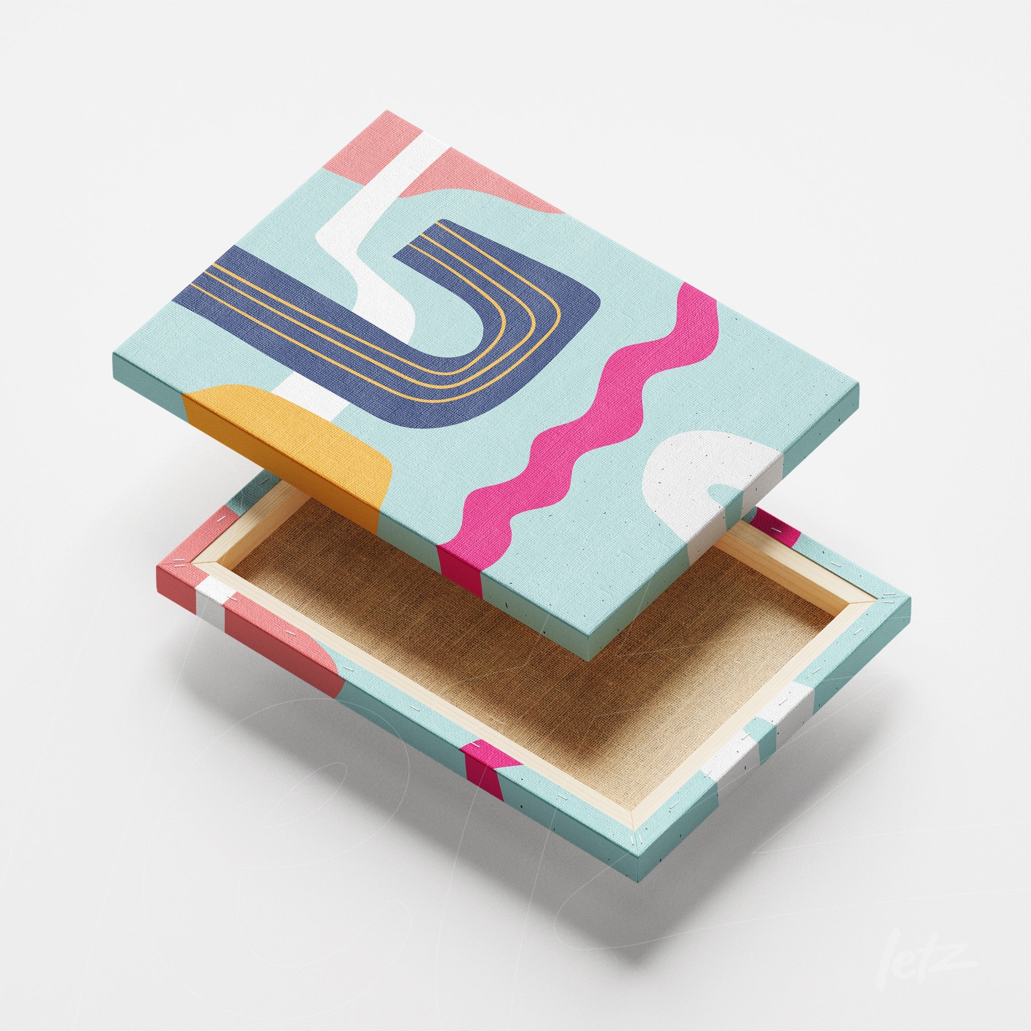 ```json
{
"alt": "canvas com arte abstrata em tons de rosa, azul e amarelo com formas curvas em fundo claro",
"alt_en": "canvas featuring abstract art in shades of pink, blue, and yellow with curved shapes on a light background"
}
```