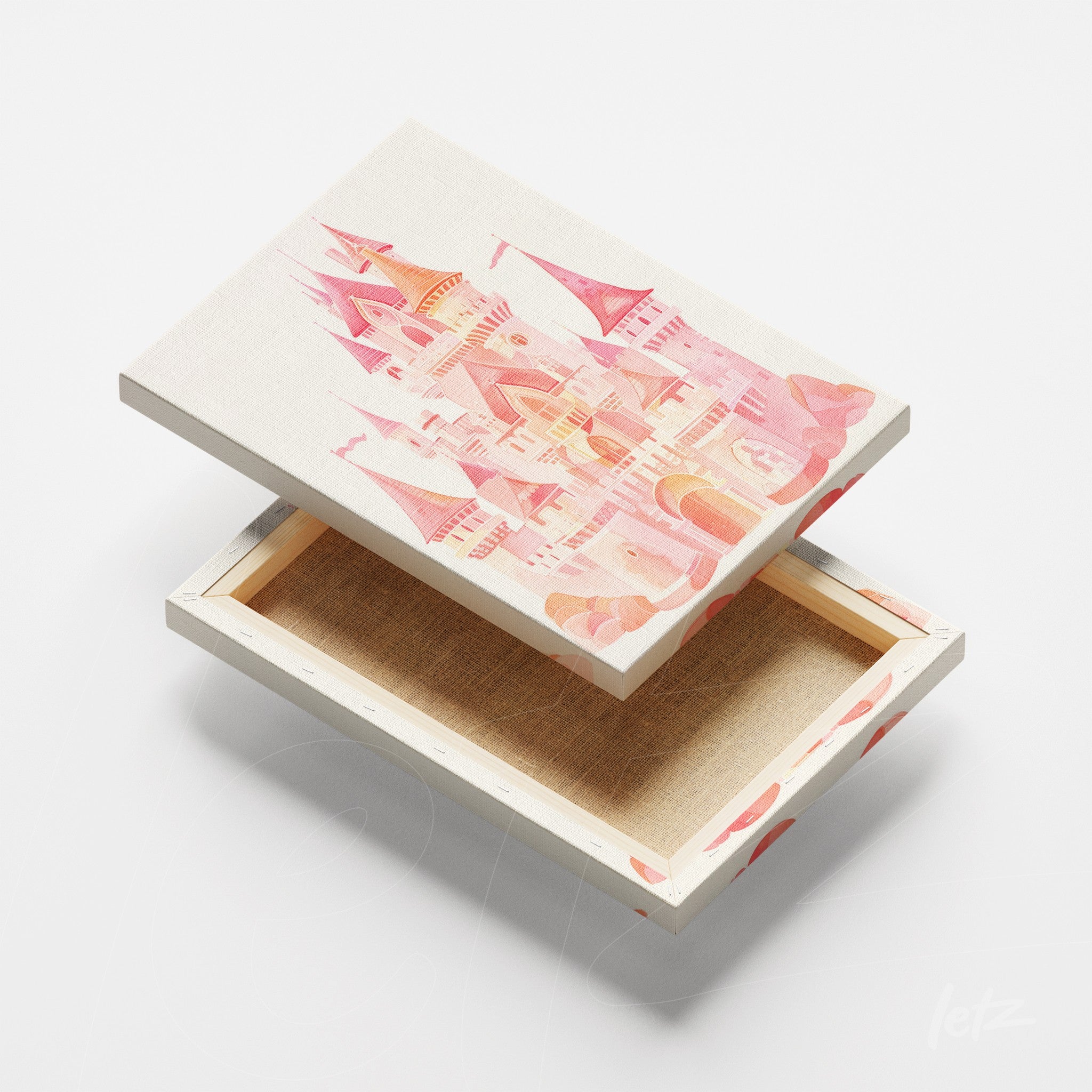 decorative box featuring whimsical castle illustration in pink tones on light background