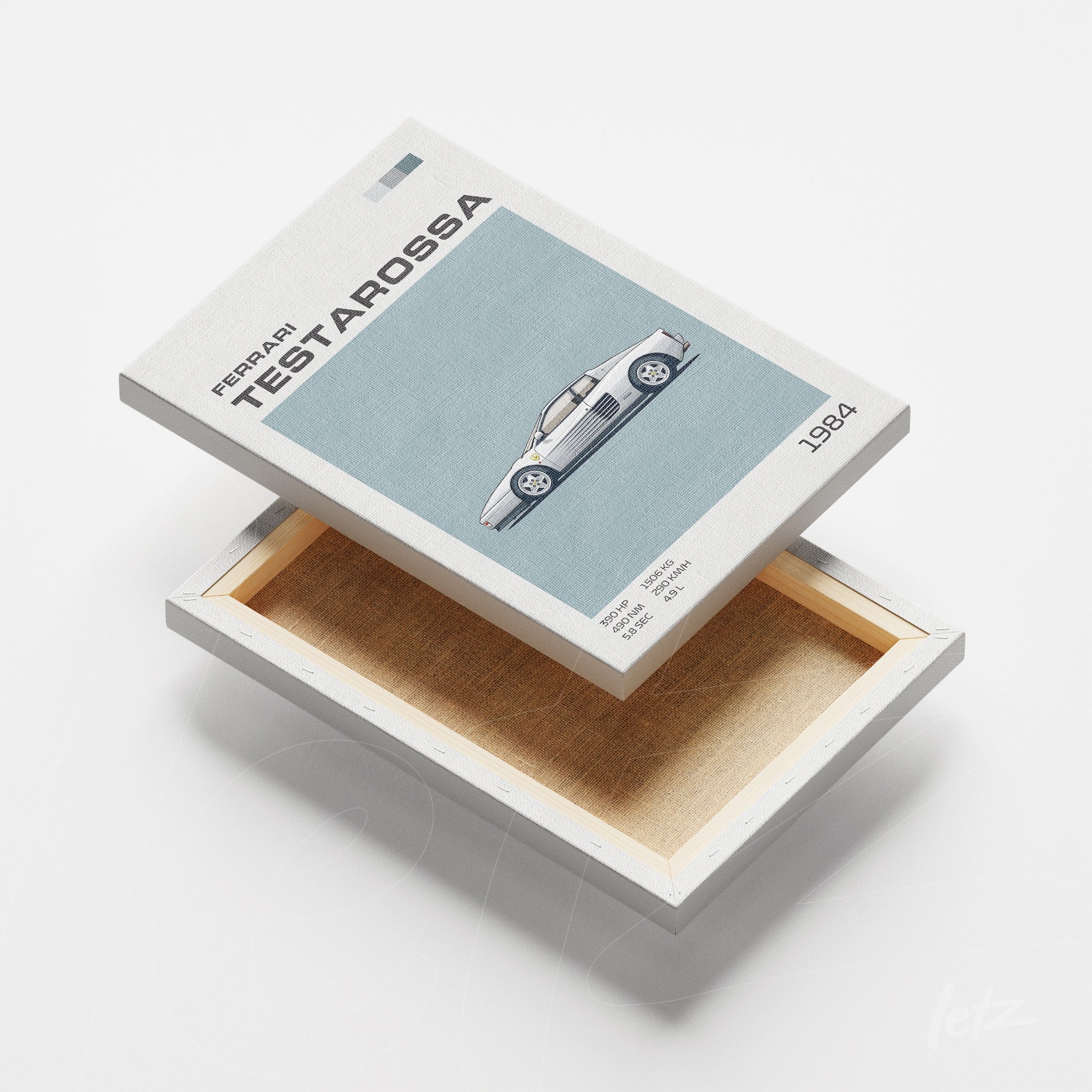 canvas print featuring a vintage illustration of a 1984 Ferrari Testarossa on a light blue background