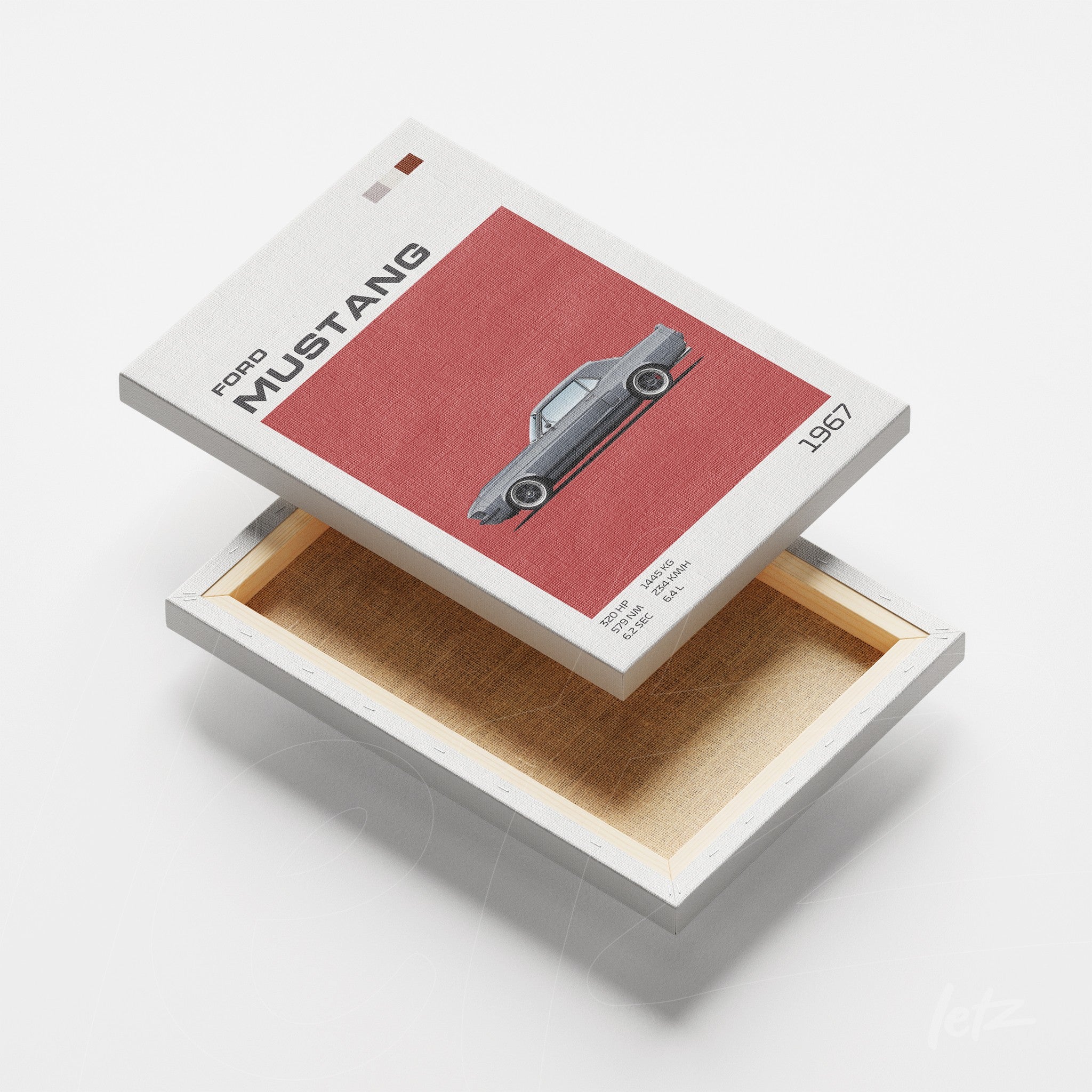 canvas print featuring vintage illustration of 1967 Ford Mustang, with a red background and white frame