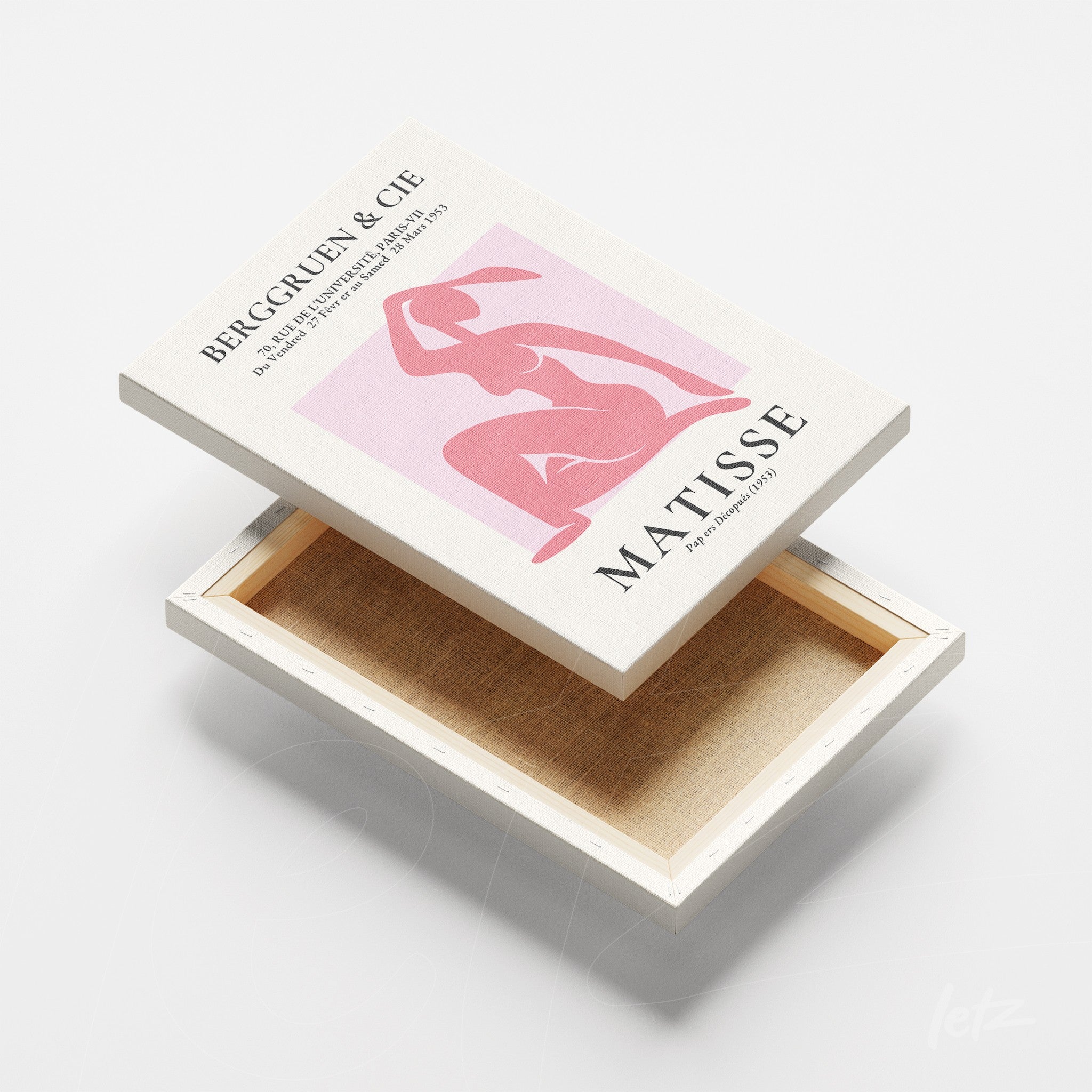 canvas print featuring henri matisse artwork of a female figure in pink on light background with white frame