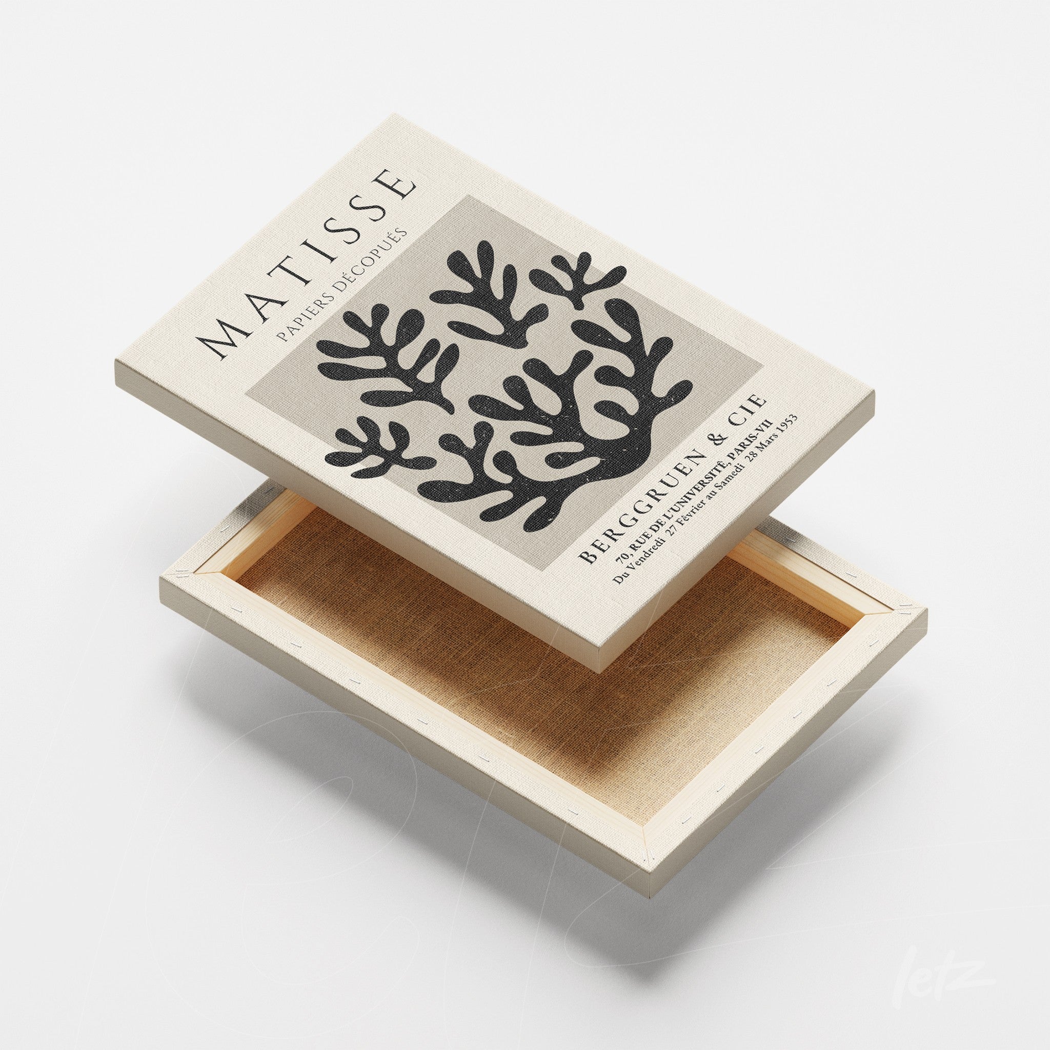 canvas print featuring abstract black foliage design on cream background with uppercase title highlighting Matisse