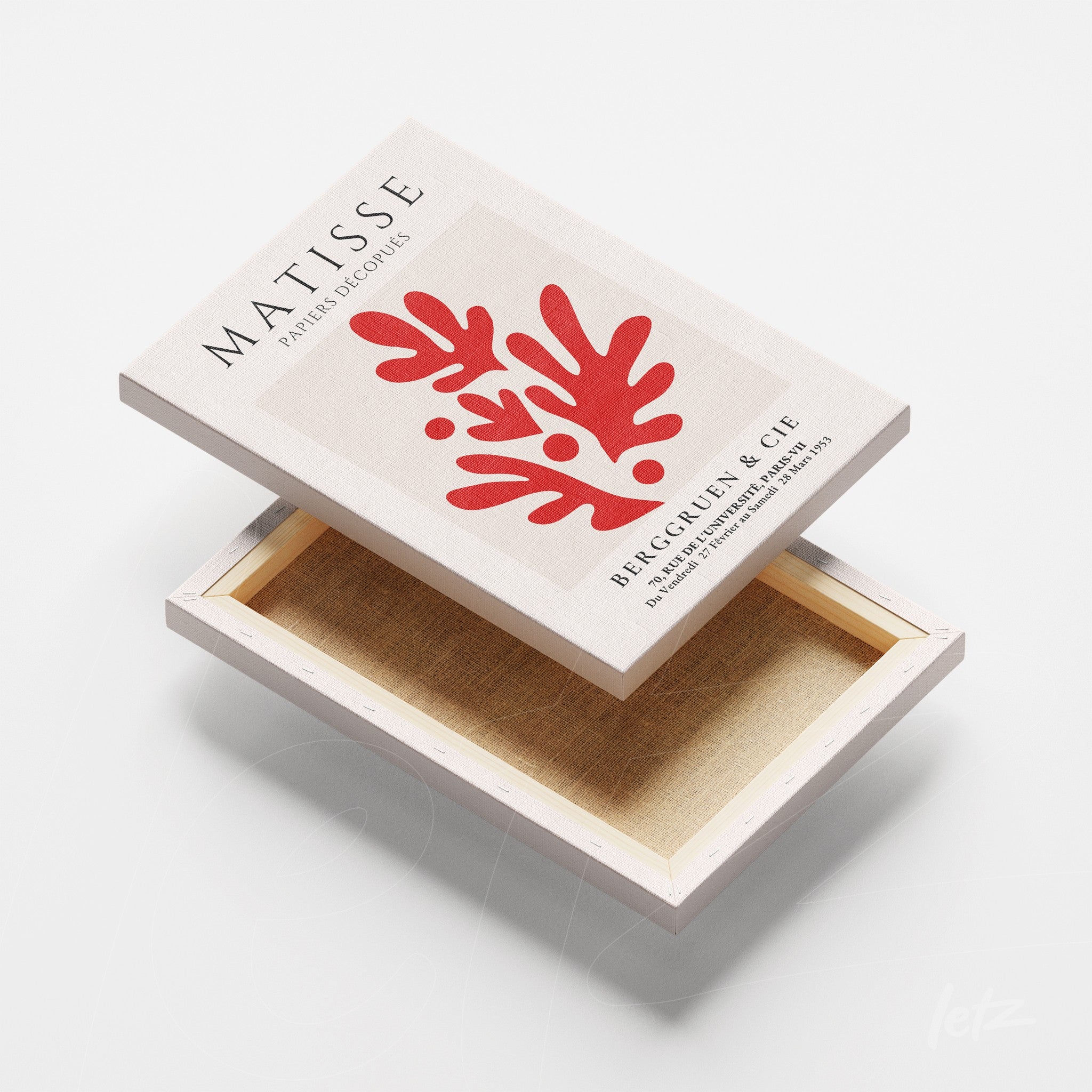 canvas artwork featuring abstract red shapes on a light background emphasizing organic forms