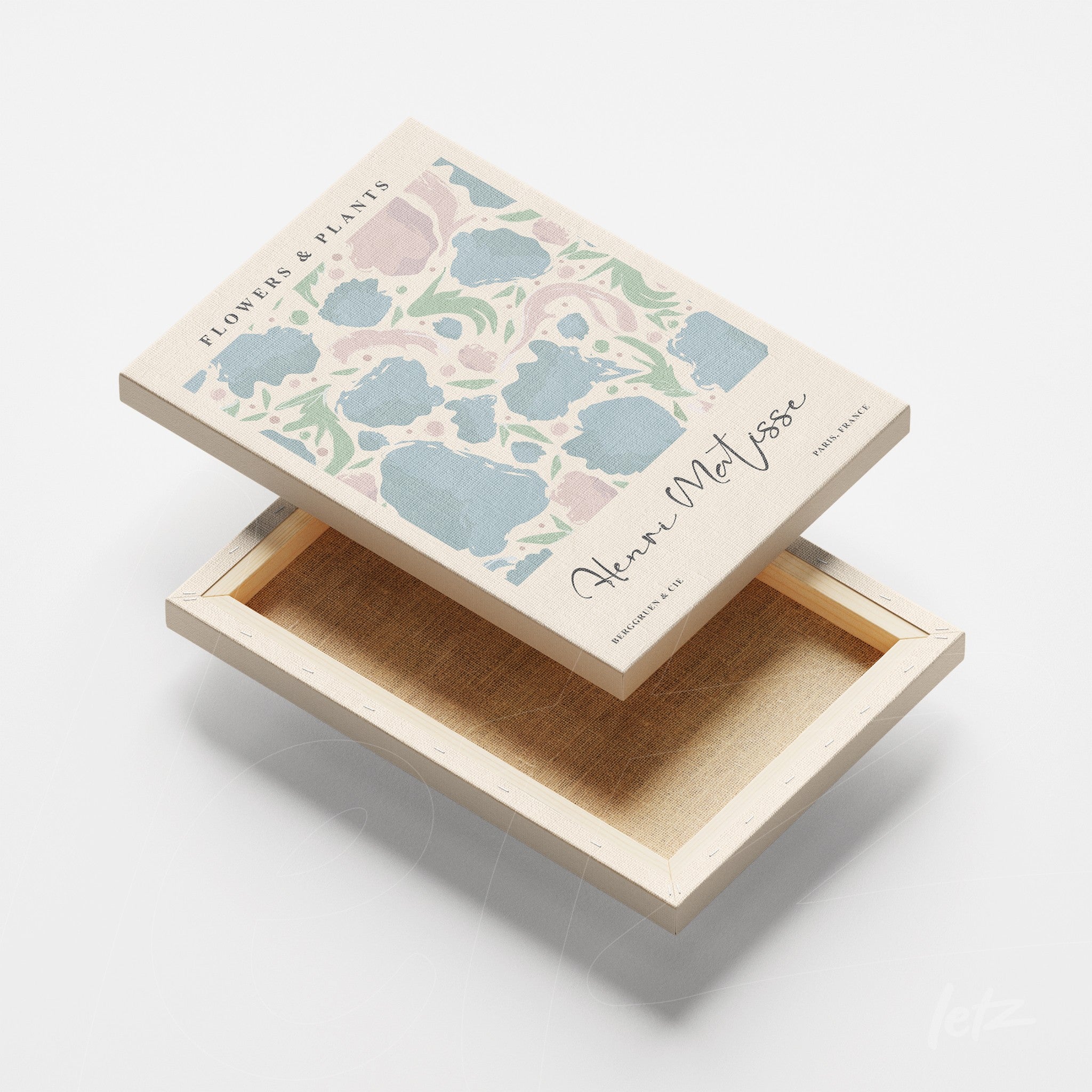canvas print featuring colorful floral design on a light background with natural wood frame