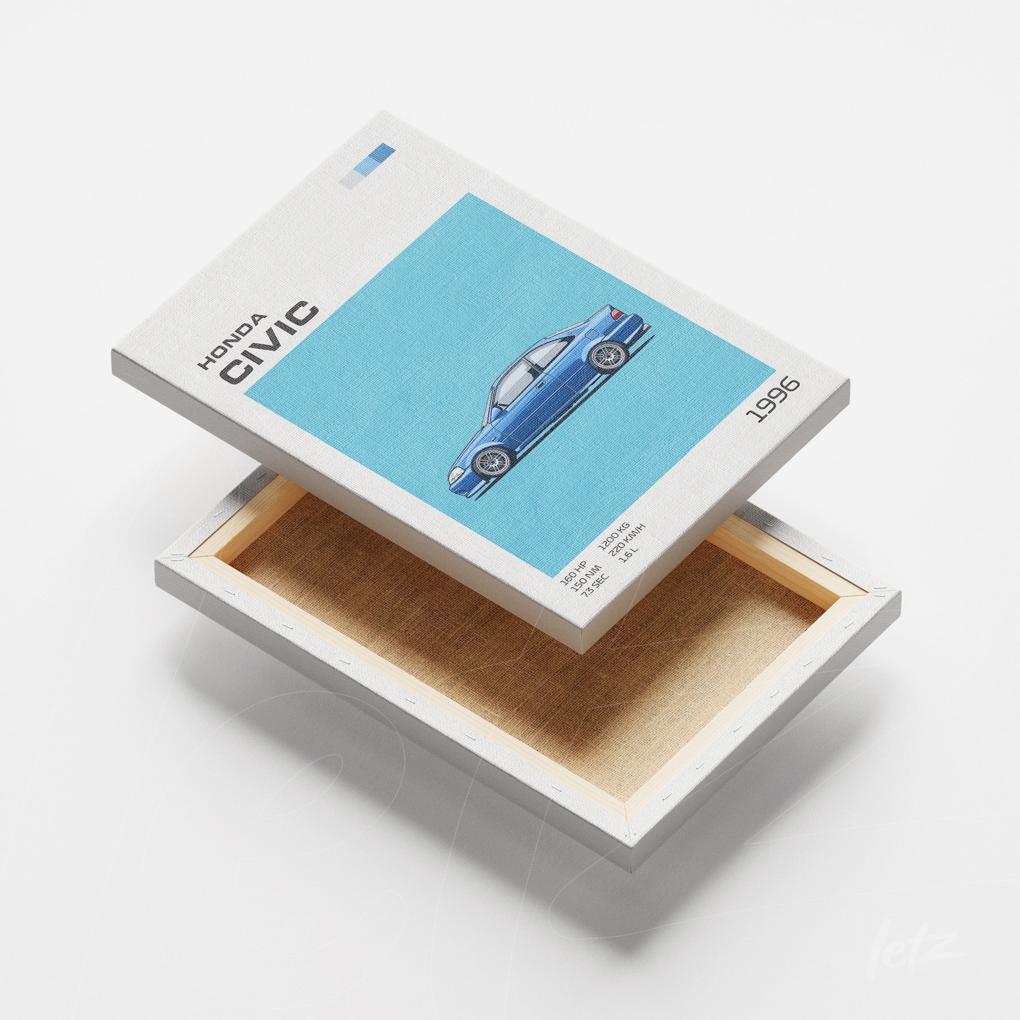 canvas print featuring a minimalist illustration of a blue 1996 Honda Civic against a light blue background