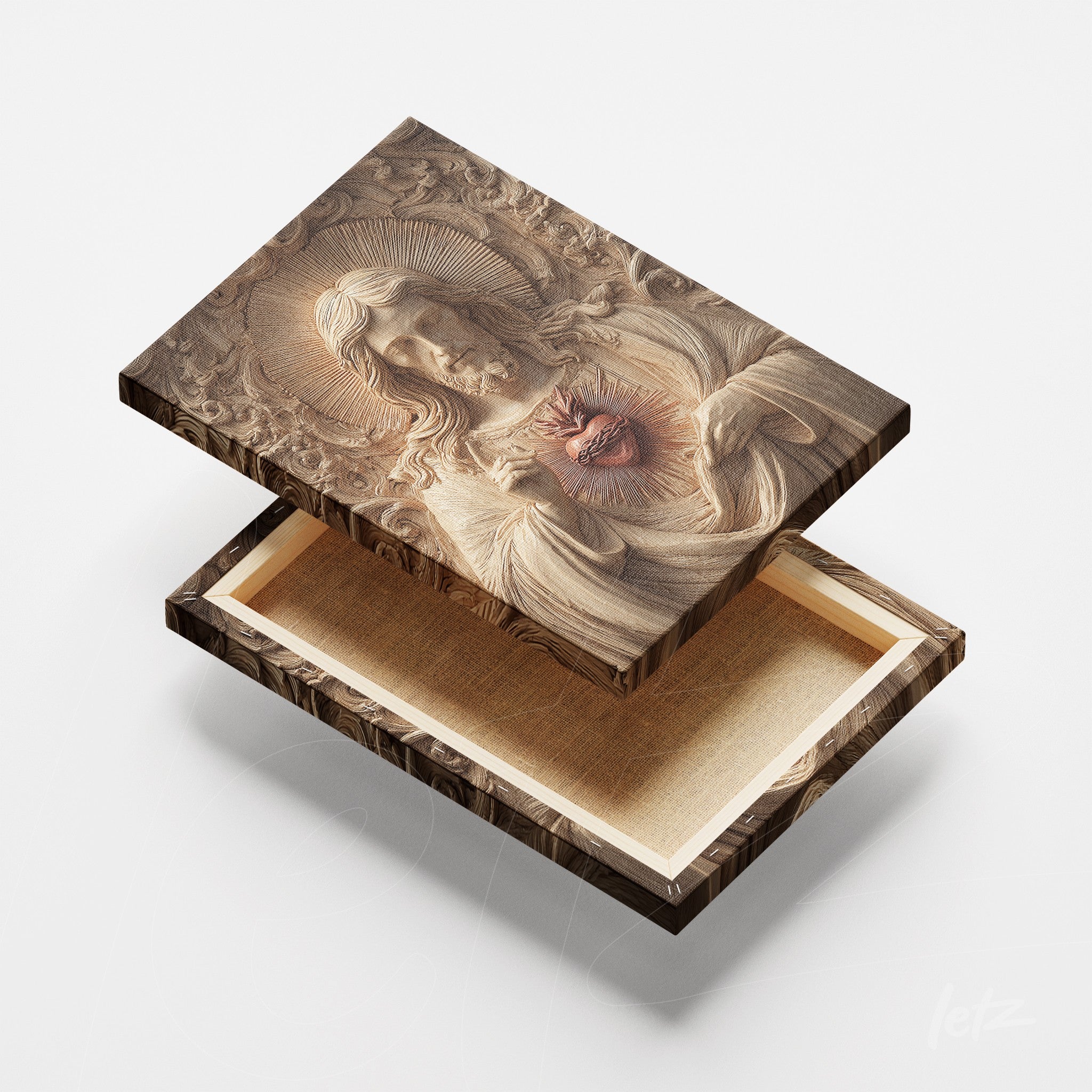 wooden box featuring sacred art design with an image of Christ holding an exposed heart