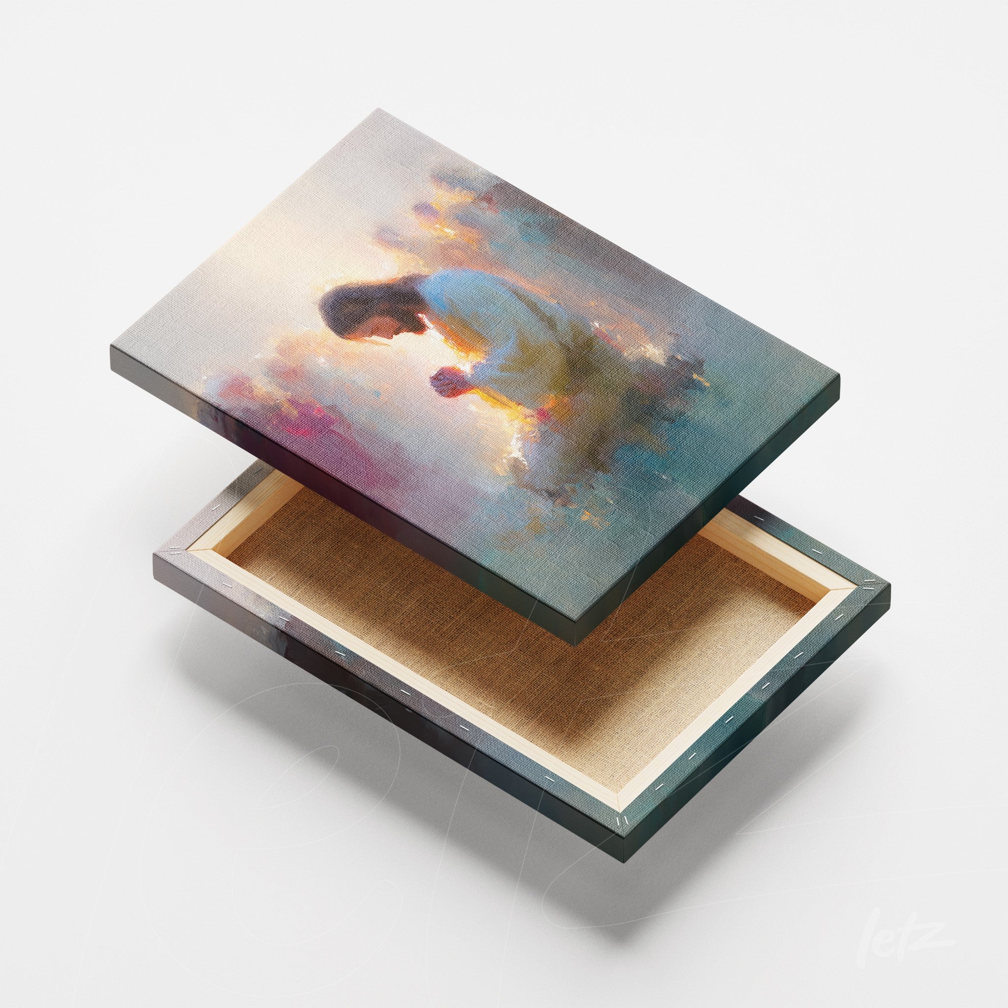 canvas artwork featuring a contemplative figure set against an ethereal background displayed on a light wooden base