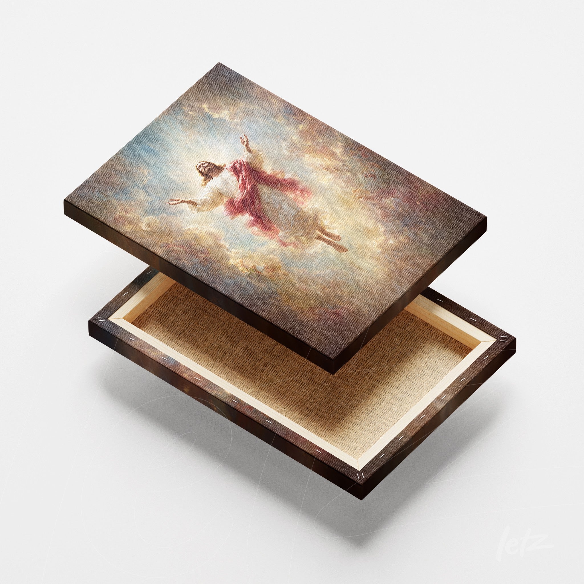 canvas print featuring an image of Jesus Christ floating among clouds against a light background, showcasing golden details on the frame