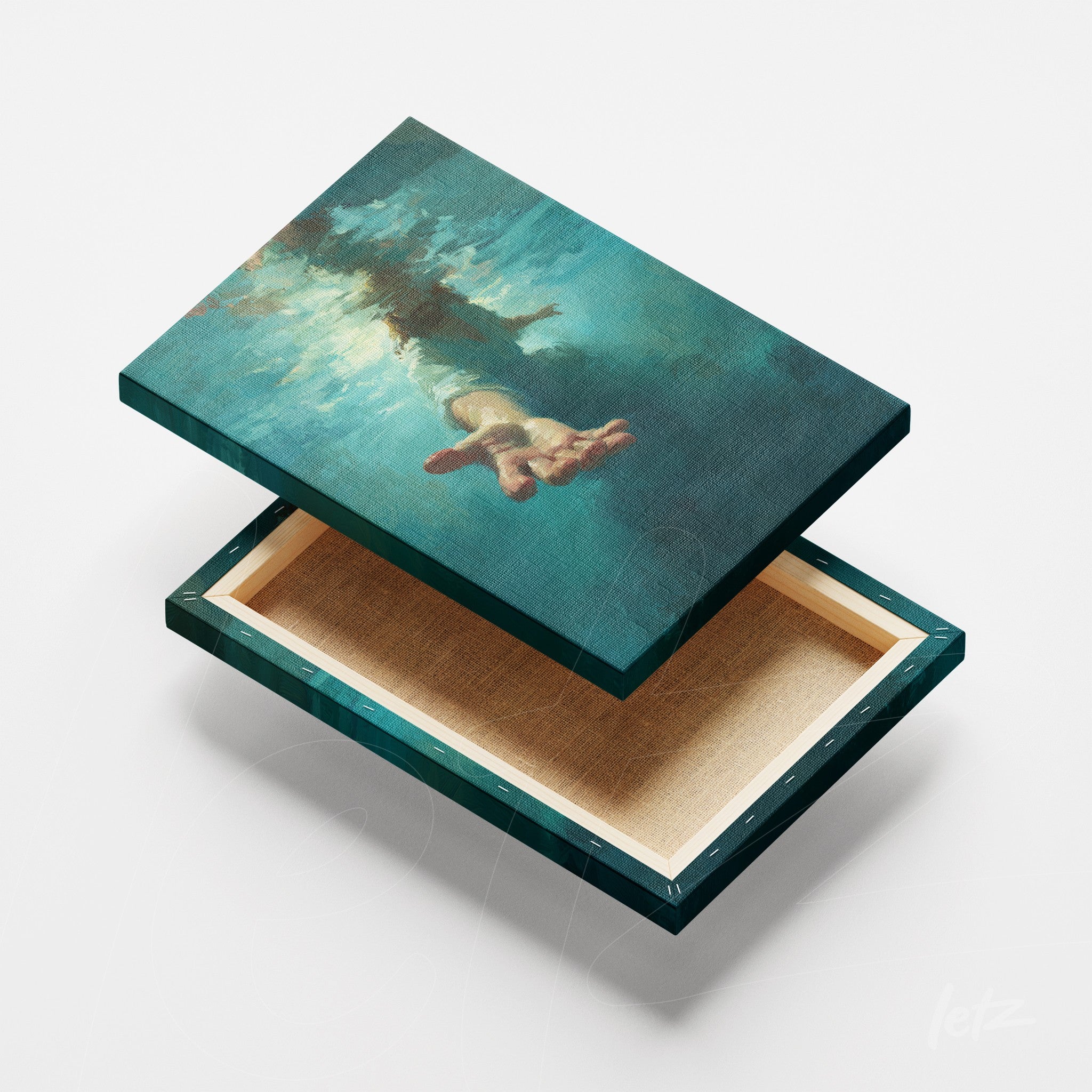 canvas artwork featuring an abstract depiction of a hand emerging from water with a dark green frame