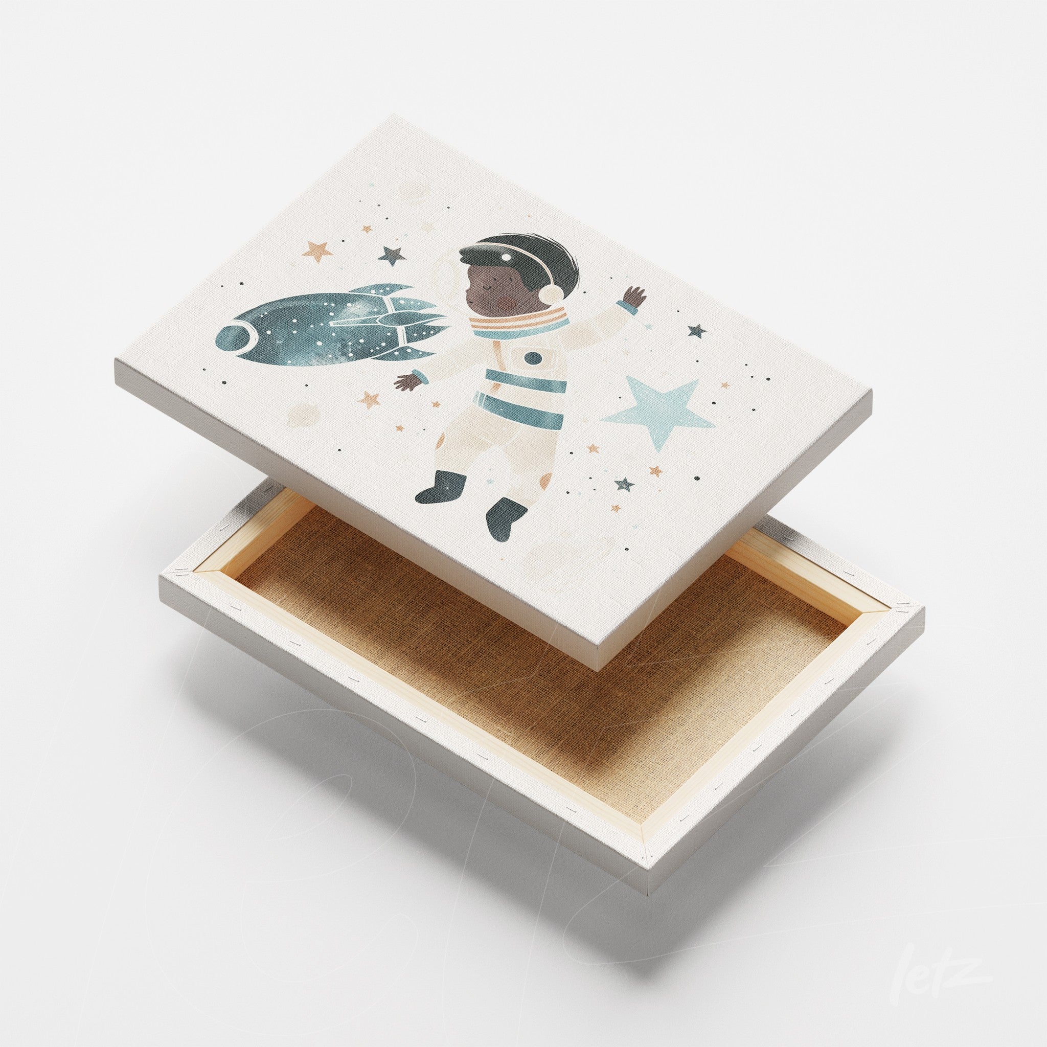 canvas print featuring an illustration of an African astronaut floating in space surrounded by stars and planets