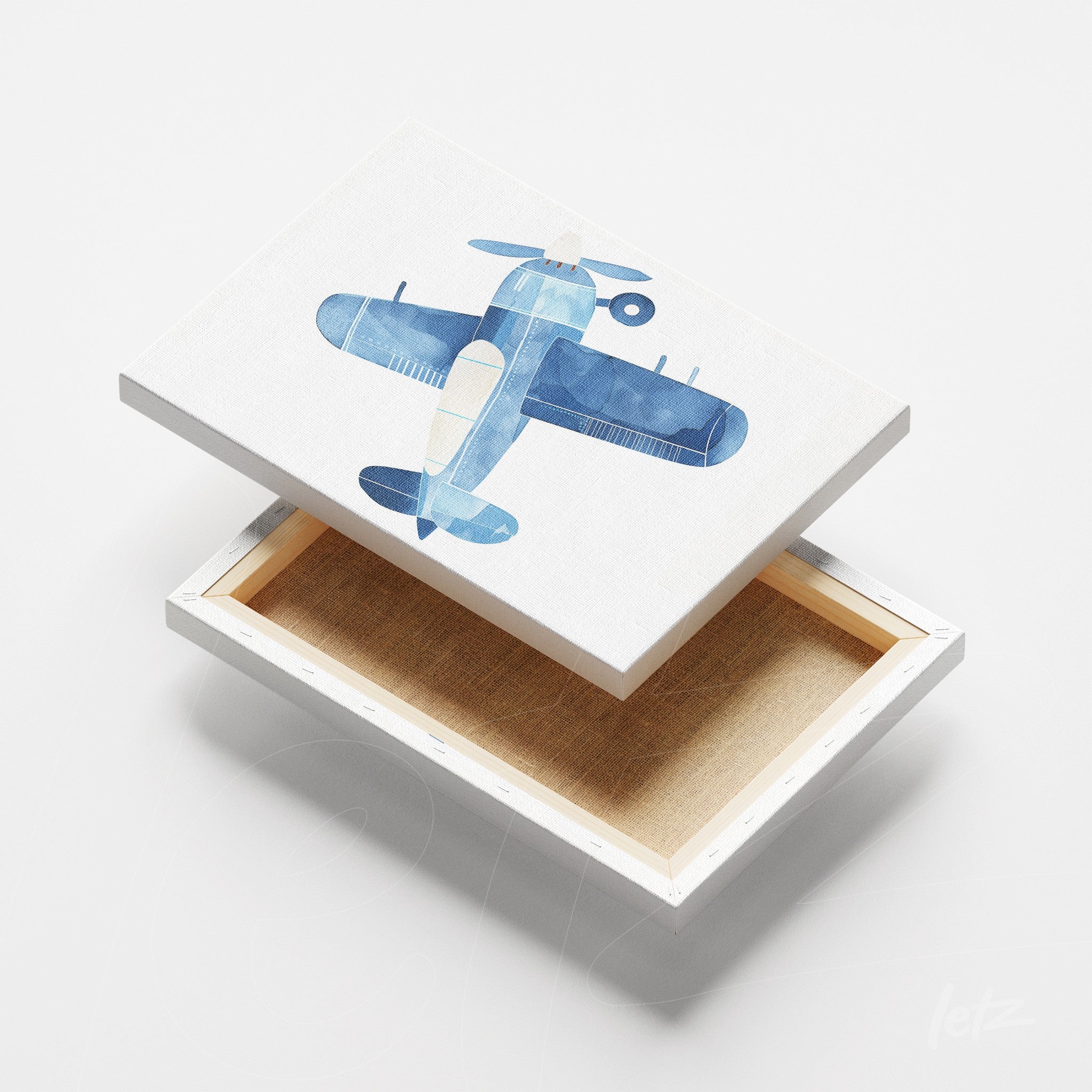 canvas print featuring a blue airplane illustration on white background