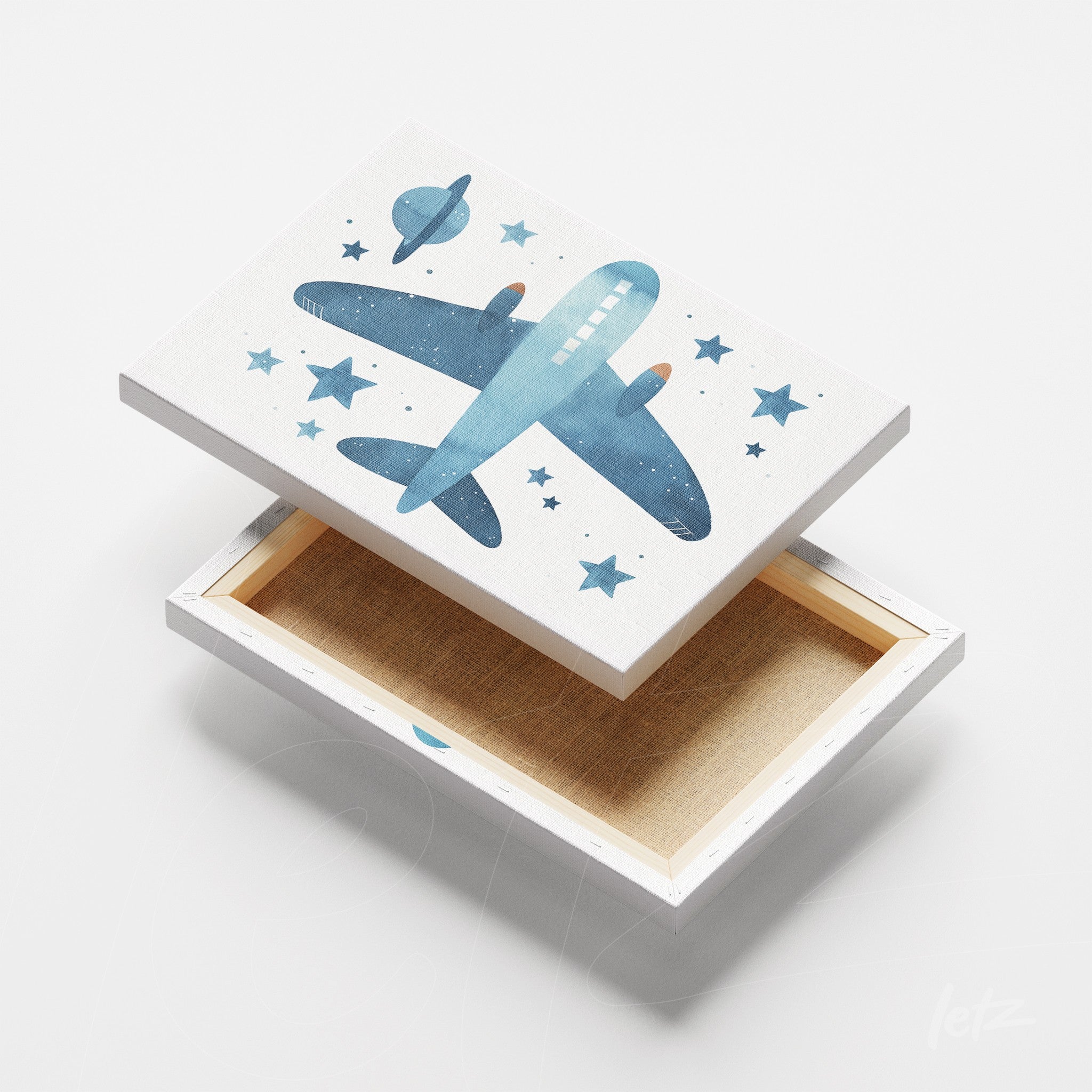 canvas wall art featuring a blue airplane illustration on a white background, adorned with stars and a planet
